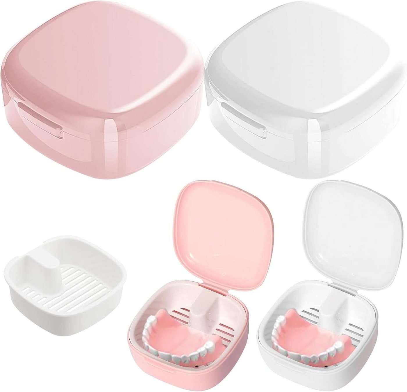 Diwzbyn Zahndose Zahnersatzbox 2er Set mit Filterkorb, Reinigung & Aufbewahrung, Für Zahnprothesen, Zahnspangen & Retainer, Abnehmbarer Korb, Clipbox