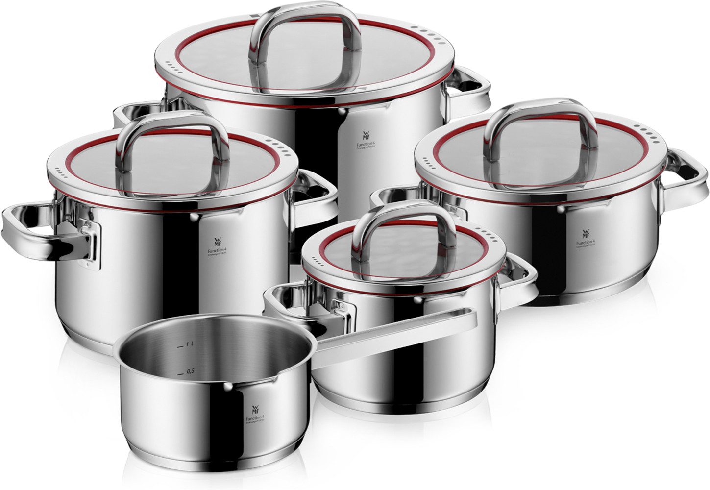 WMF Topf-Set Function 4, Glasdeckel mit 4 Abgießfunktionen, poliert, unbeschichtet, Cromargan® Edelstahl Rostfrei 18/10 (Set, 9-tlg., 1x Bratentopf 20cm, 3x Fleischtopf 16/20/24cm, 1x Stielkasserolle 16cm), Induktions Töpfe Set, Innenskalierung, für alle Herdarten geeignet