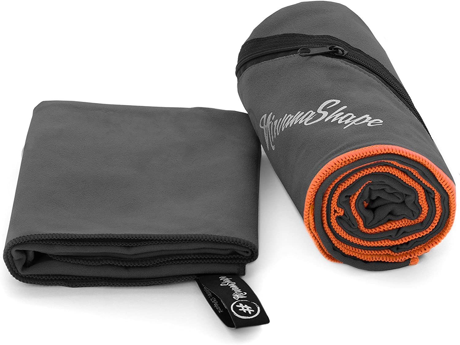 NirvanaShape Sporthandtuch Mikrofaser Handtuch, Badehandtuch, Reisehandtuch, Sporthandtuch, Ecktasche mit Reißverschluss, saugfähig, leicht, schnelltrocknend Grau / Orange Rand