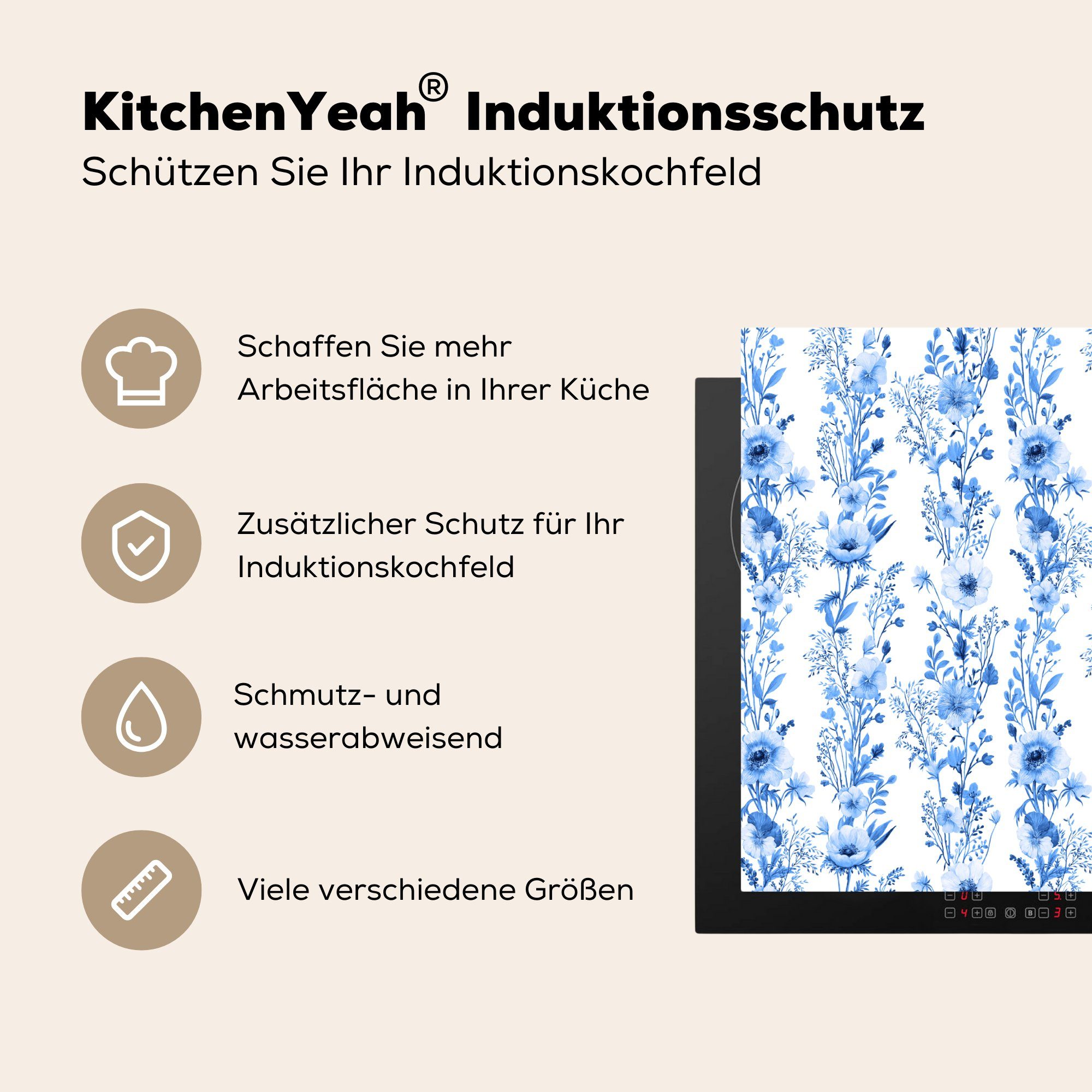 MuchoWow Herdblende-/Abdeckplatte Blumen - - Anemone küche, tlg), (1 cm, die Induktionsmatte 59x52 Muster, Blau für Vinyl, Ceranfeldabdeckung 