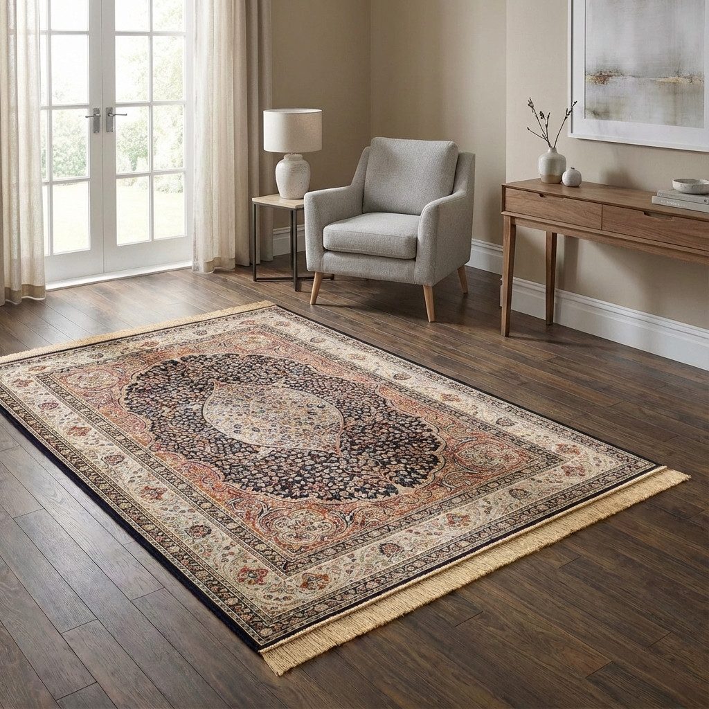 TaCa Home Teppich Vintage Designer Kurzflor, rechteckig, Höhe: 6 mm, Schlafzimmer Kinderzimmer Wohnzimmer Esszimmer, blau - 67 x 105 cm