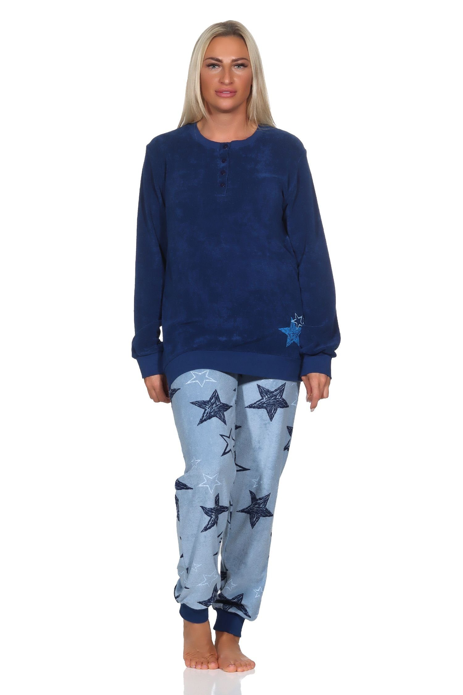 Normann Pyjama Normann Damen Frottee Schlafanzug lang mit Bündchen in Sterne Optik marine