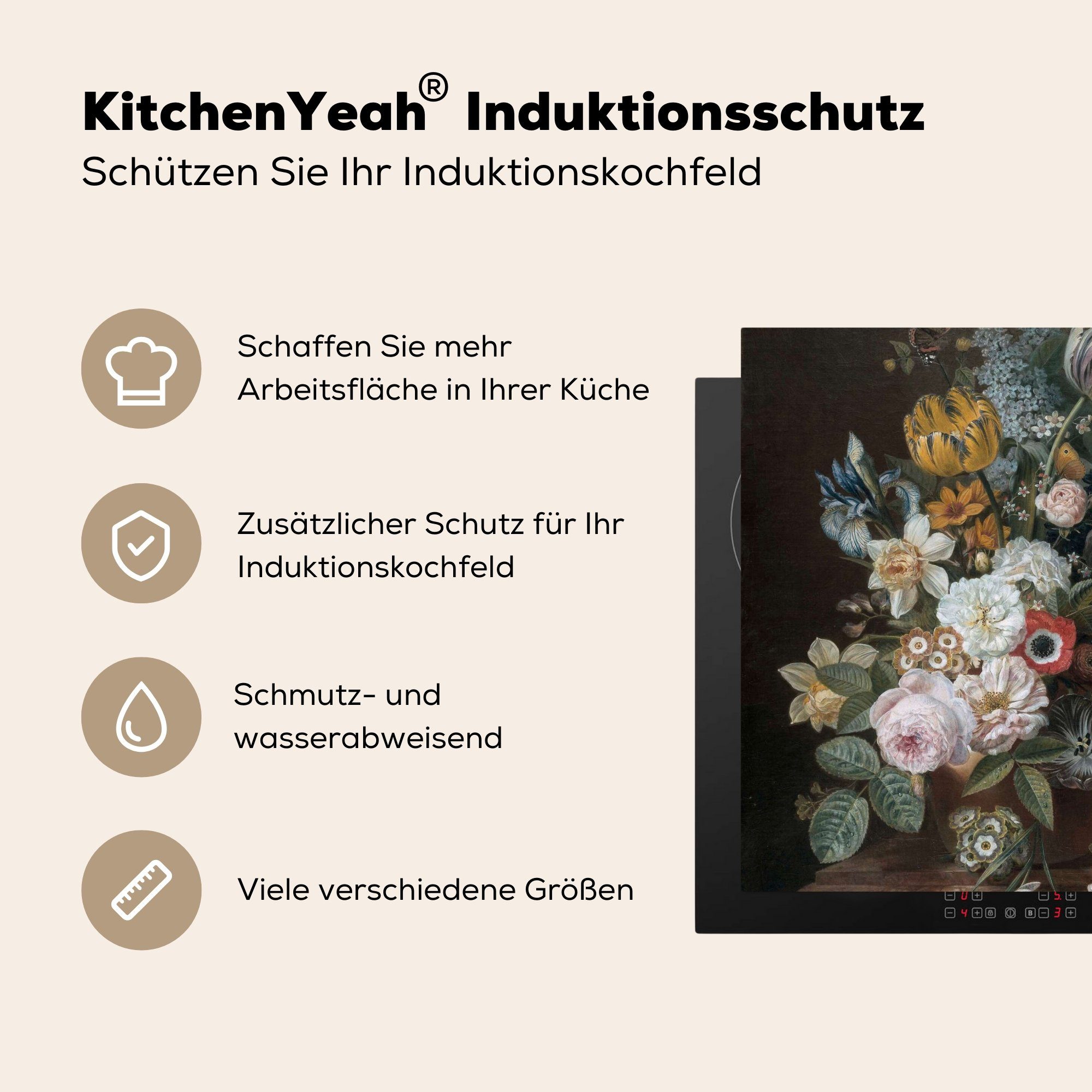 von - 78x78 Eelke Vinyl, Eelkema, cm, Ceranfeldabdeckung, tlg), Jelles mit Gemälde (1 Arbeitsplatte MuchoWow Herdblende-/Abdeckplatte für küche Blumen Stilleben