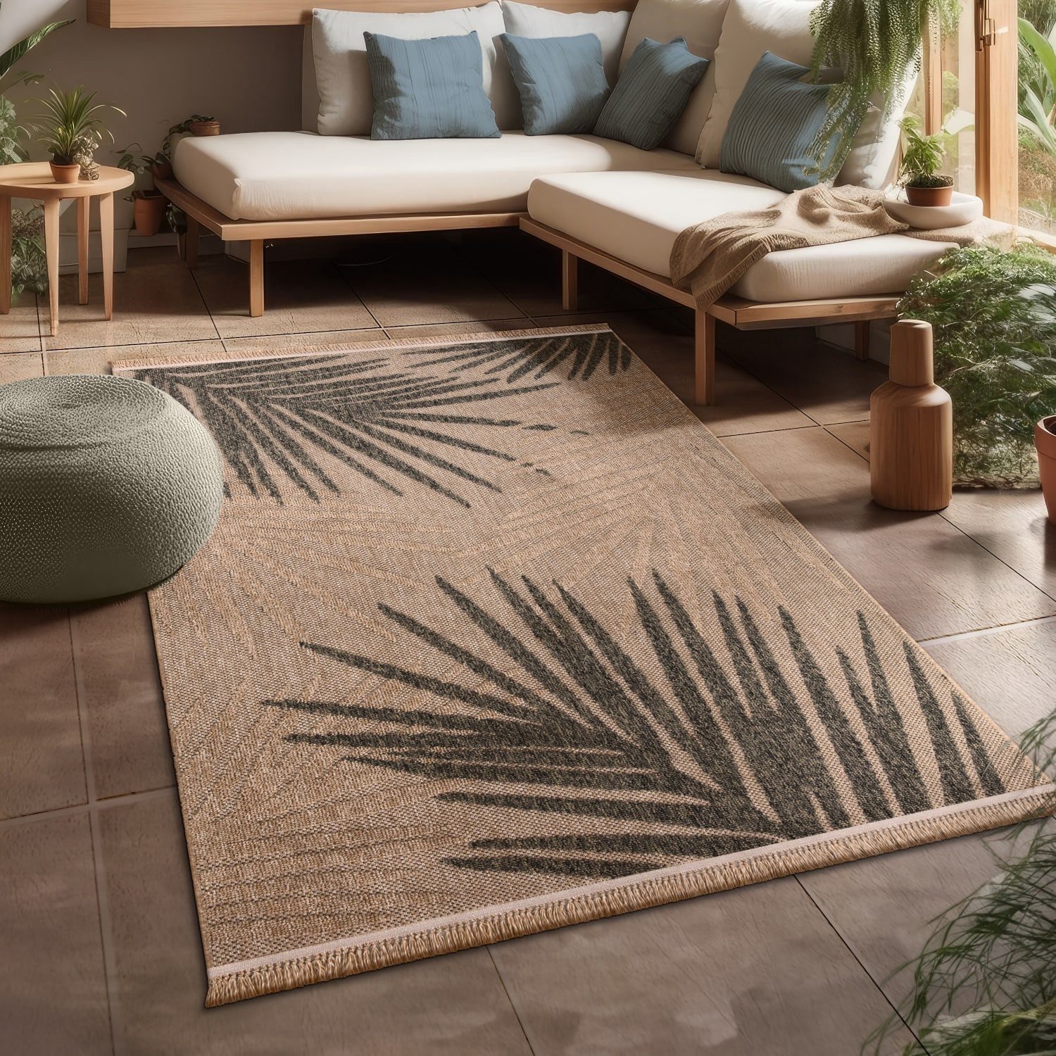 KADIMA DESIGN Outdoorteppich Blätter Balkon, Terrasse schmutzabweisend Outdoor Teppich, Rechteckig, Höhe: 11 mm, Florhöhe: 7 mm, 100% Polypropylen, Rechteckig, 120x160cm, Beige
