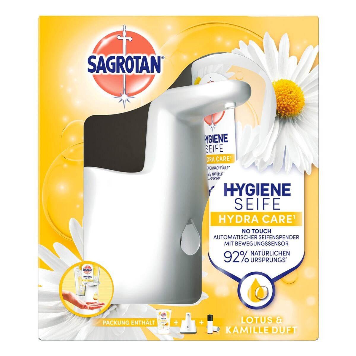 SAGROTAN Flüssigseife Lotus & Kamille, Seifenspender No-Touch + Nachfüllpack