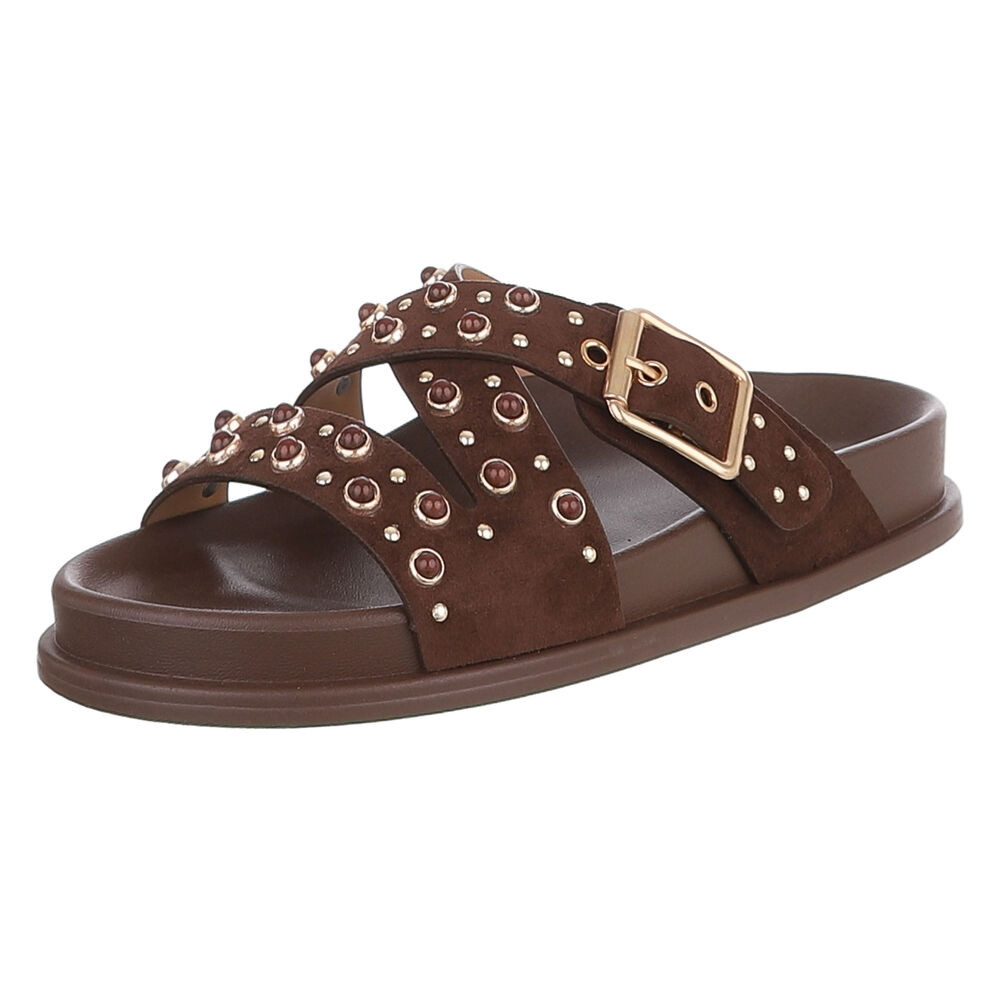 Ital-Design Damen Sandale mit Nieten und Schnallenverschluss Pantolette (91848971) Flach Pantoletten in Braun
