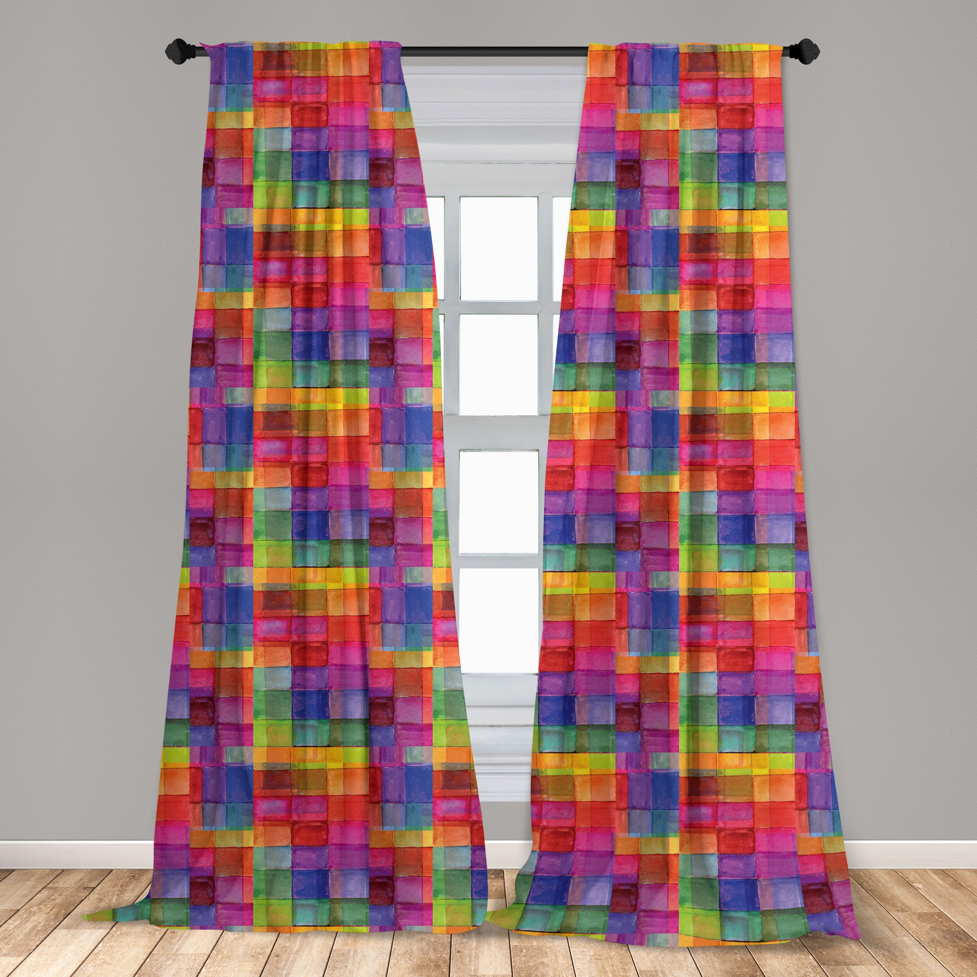 Gardine Vorhang für Wohnzimmer Microfaser, Dekor, Schlafzimmer Abstrakt Regenbogen-Farben-Quadrate Abakuhaus