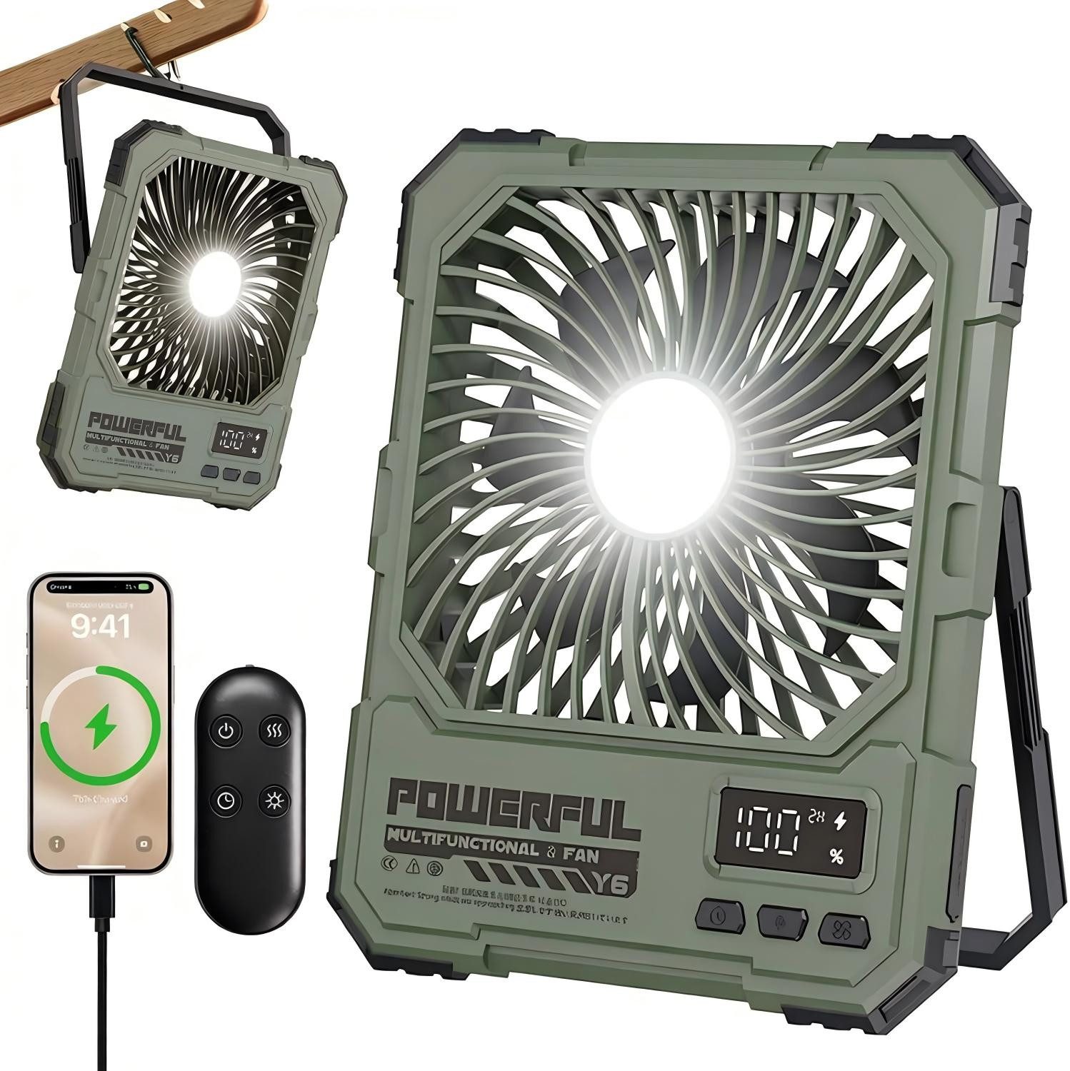 AIBISTAR Tischventilator Tragbarer Camping Ventilator 20000mAh,mit LED/Powerbank/Timer, Zelt Ventilator mit 5 Stufen,Fernbedienung,3-stufige LED,Metallhaken