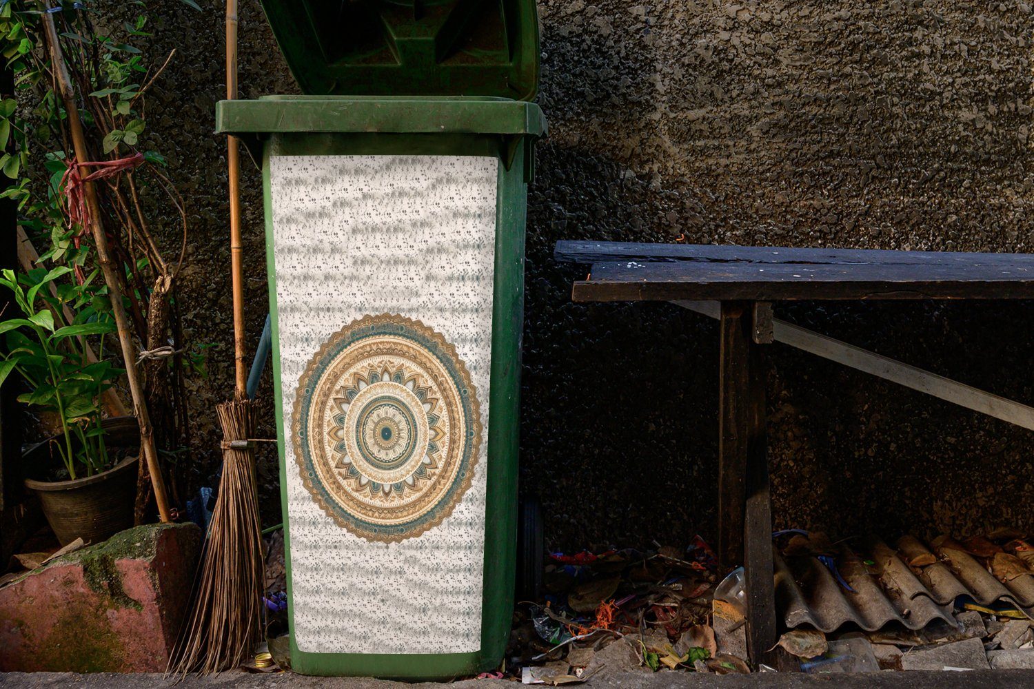(1 St), Braun Mülltonne, MuchoWow Mülleimer-aufkleber, - - Mandala Wandsticker Hippie Vintage Container, - Blumen Abfalbehälter Sticker, -