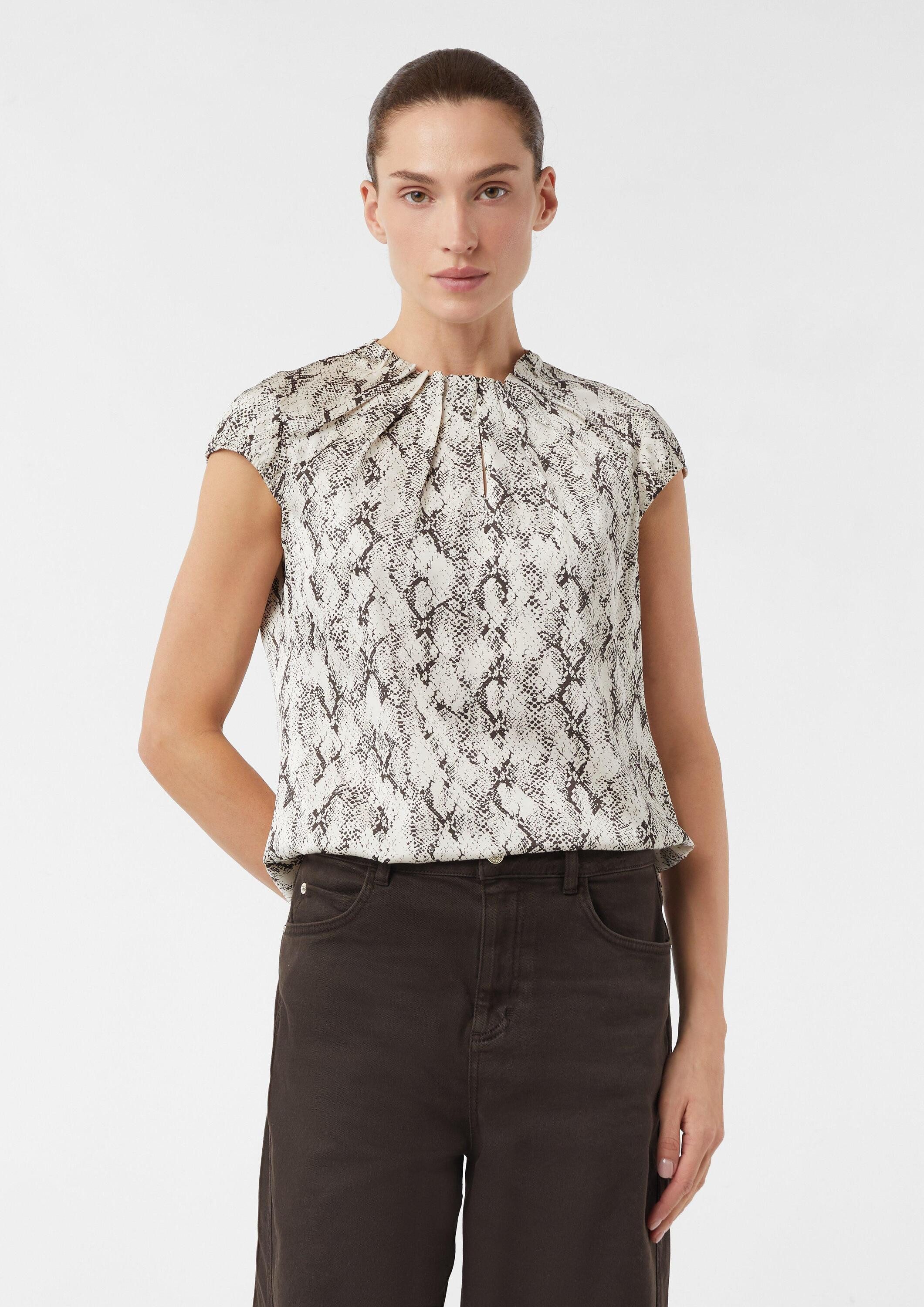 comma Kurzarmbluse Bluse Satinbluse mit Raffung und All-over-Print