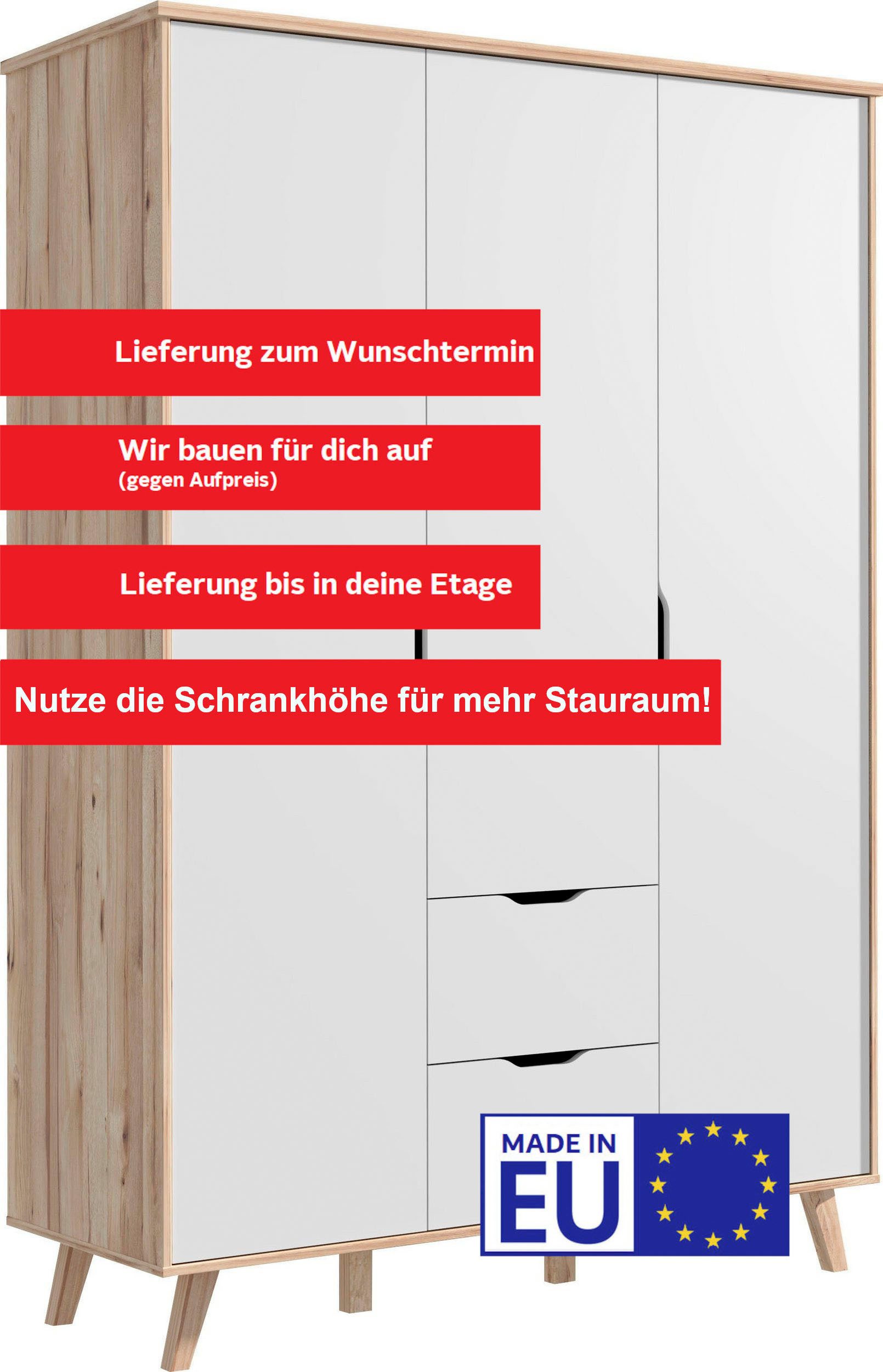 FORTE Drehtürenschrank Vankka skandinavischer-Stil, viel Stauraum, ohne Griffe (B/H/T ca.140x200x52cm) Made in Europe,mit Einlegeböden+Kleiderstange+Schubladen, – Bild 3 von 5