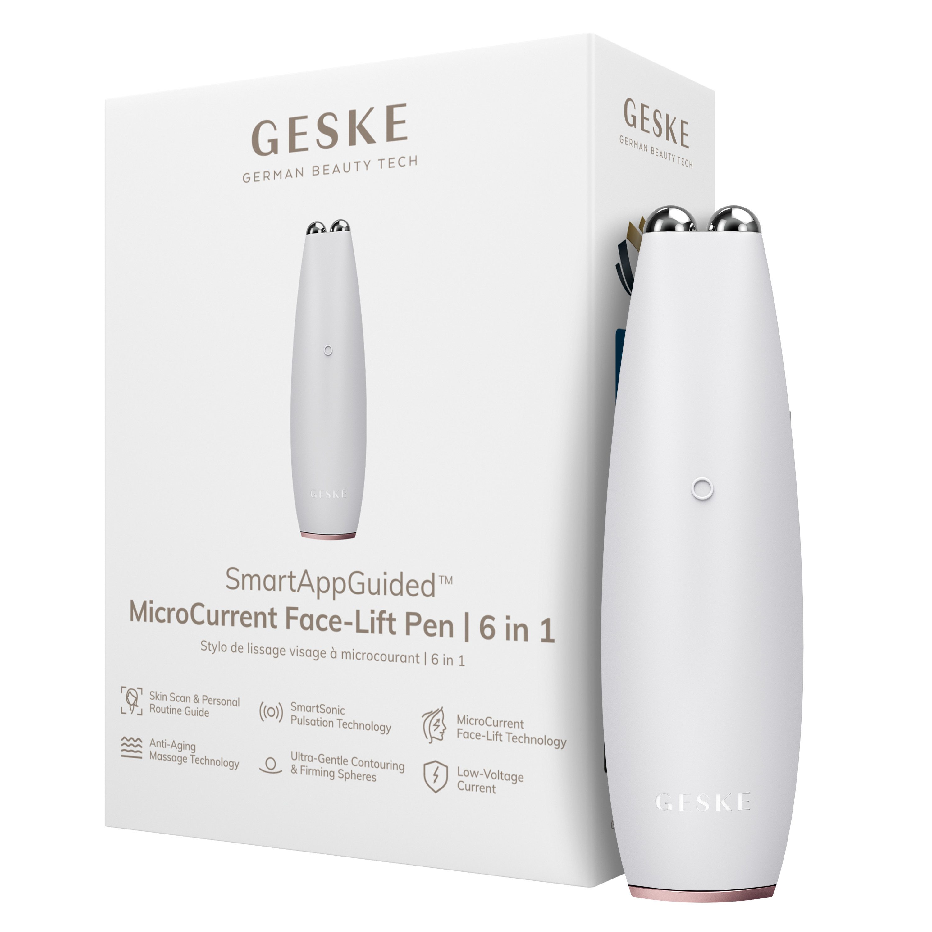 GESKE German Beauty Tech Enhancer SmartAppGuided™ MicroCurrent Face-Lift Pen 6 in 1, Packung (Gerät & USB-Ladekabel), 2-tlg., Gerät inkl. kostenloser APP (SmartAppGuided Device), Mit der GESKE App erhältst Du deine personalisierte Hautpflegeroutine.