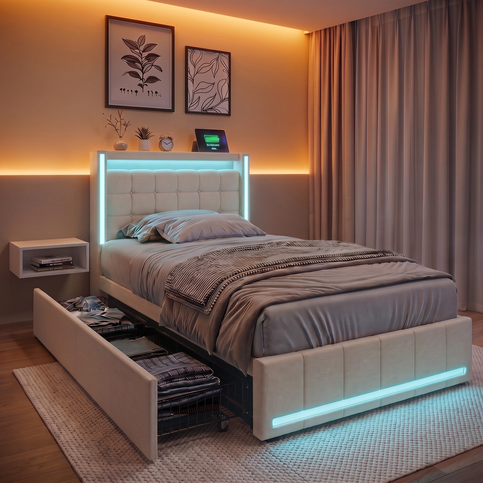 PXloue Polsterbett LED Doppelbett 140x200cm mit Ladefunktion und 4 Schubladen Polsterbett (Geeignet für Jugendliche und Erwachsene), Stauraumbett, mit RGB-LED, Lattenrost und praktischen Schubladen