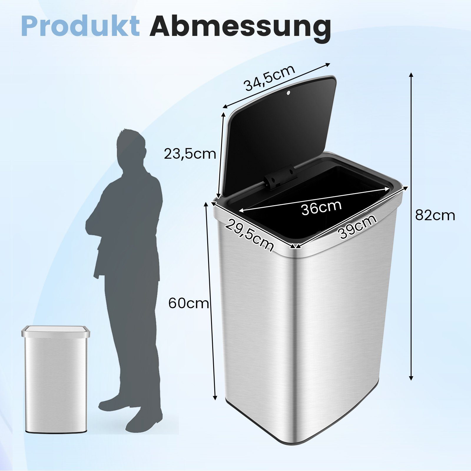 COSTWAY Mülltonnenbox (1 St), 50L mit Sensor, Deckel, Edelstahl 39x29,5x82cm