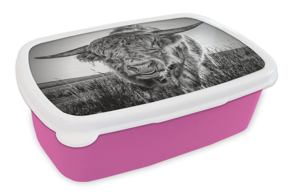 MuchoWow Lunchbox Schottischer Highlander - Schwarz und Weiß, Kunststoff, (2-tlg), Brotbox für Erwachsene, Brotdose Kinder, Snackbox, Mädchen, Kunststoff rosa