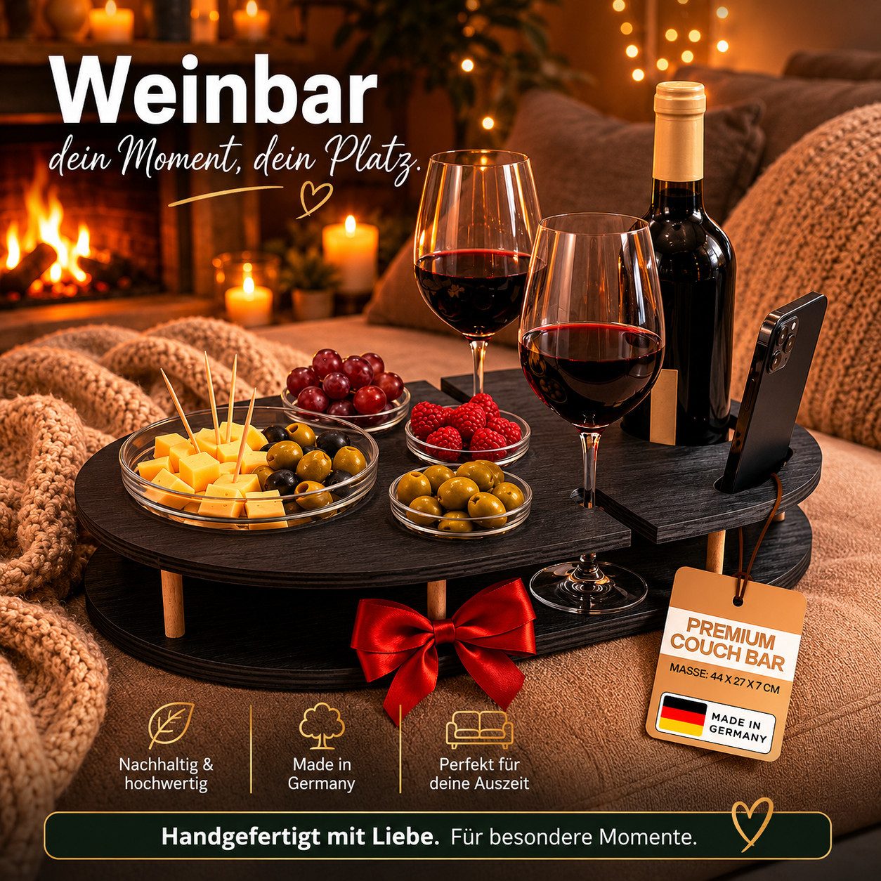 PEGSEN Servier-Set Weinbar Couchbar mit 4 Glasschalen, Birkenholz, Weingläser & Snacks stehen stabil und sicher