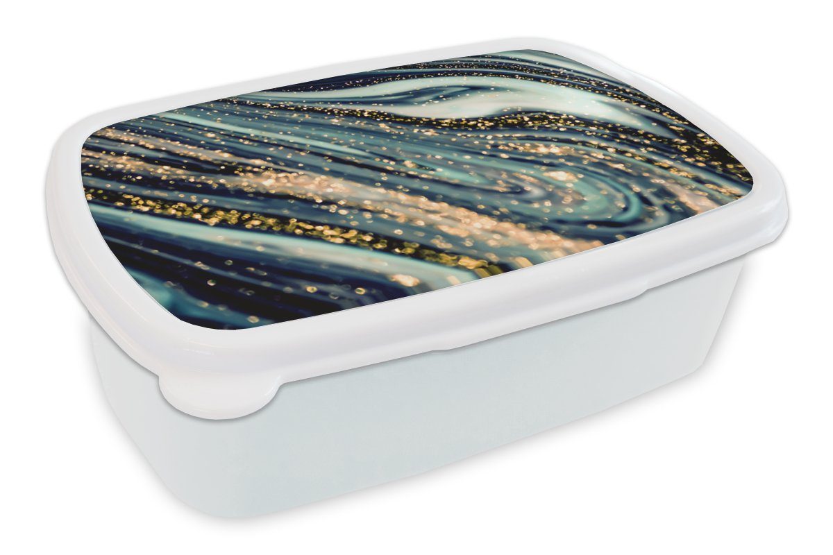 MuchoWow Lunchbox Marmor - Gold - Blau - Glitter - Marmoroptik - Abstrakt, Kunststoff, (2-tlg), Brotbox für Kinder und Erwachsene, Brotdose, für Jungs und Mädchen weiß