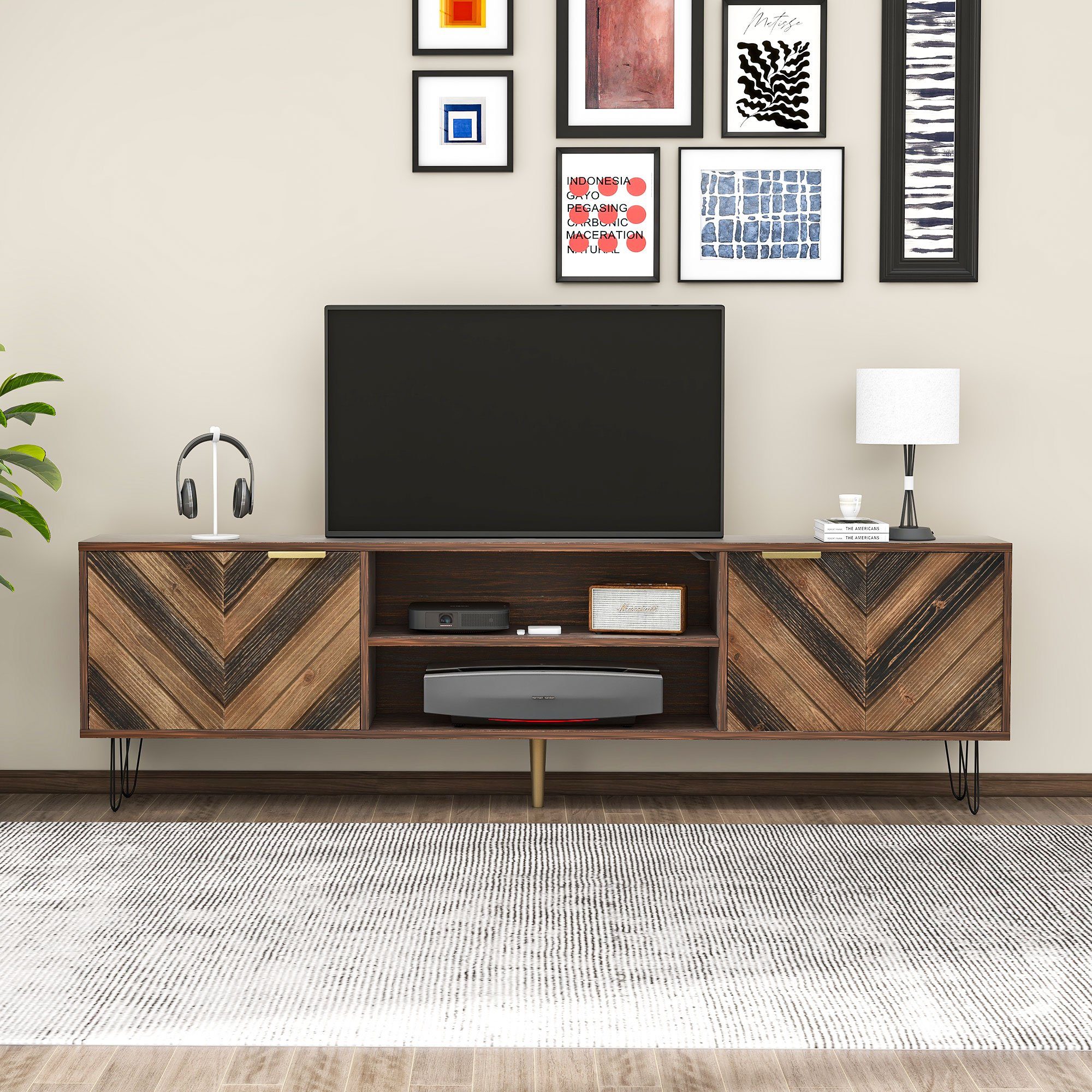 Merax Lowboard mit Fischgrätenmuster Dekor und Eisenfüße, TV-Schrank mit magnetischen Türen,Fernsehtisch,B/H/T: 160/48/38cm – Bild 2 von 5