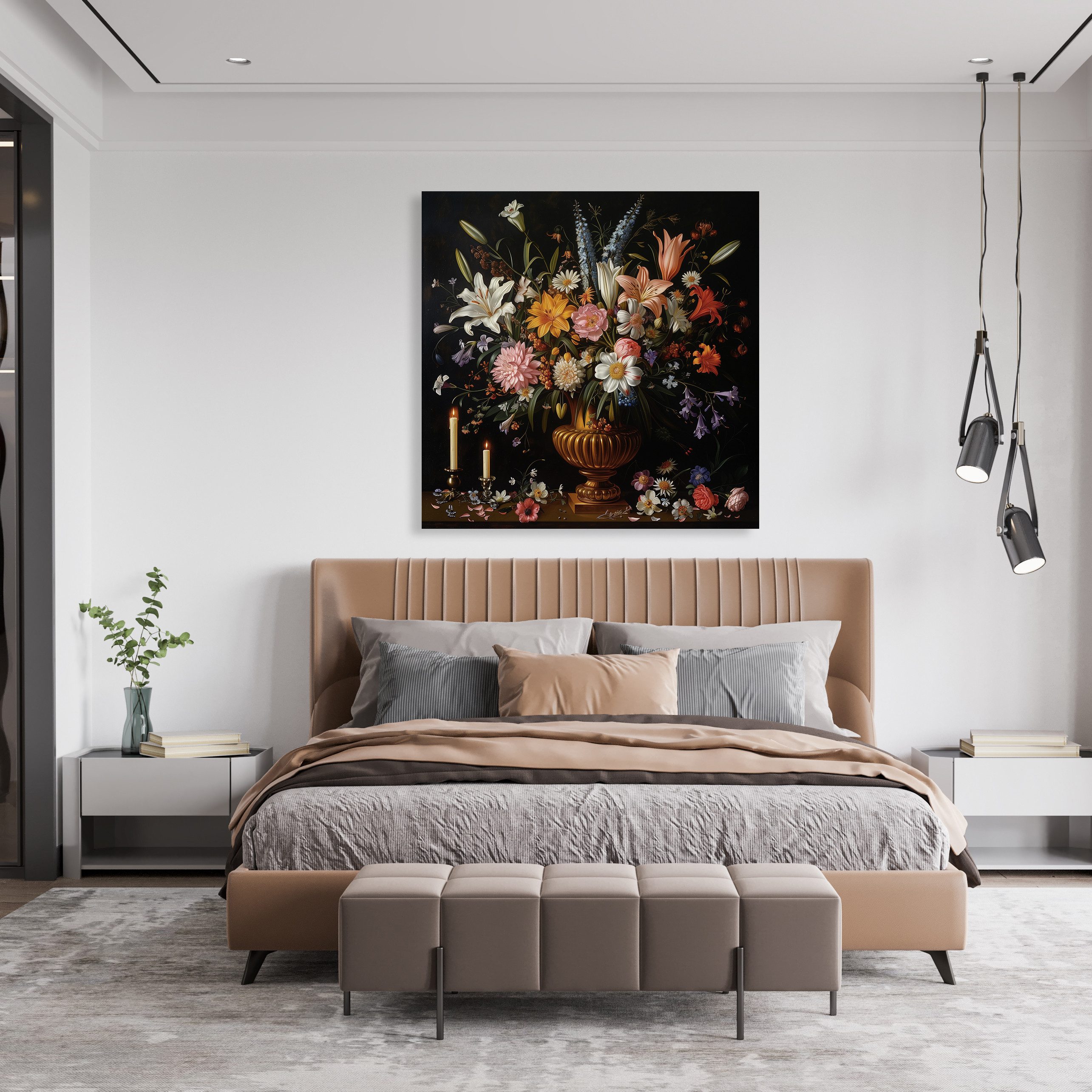 queence Leinwandbild Blumenstrauß und Kerzen, Blumen, Blumenbilder, Gemälde, Kunst, Pflanzen, Pflanzenbilder, Romantisch, Stillleben, Vasen, Vasen & Töpfe (1 St), Premium-Leinwandstoff, Handarbeit aus Deutschland
