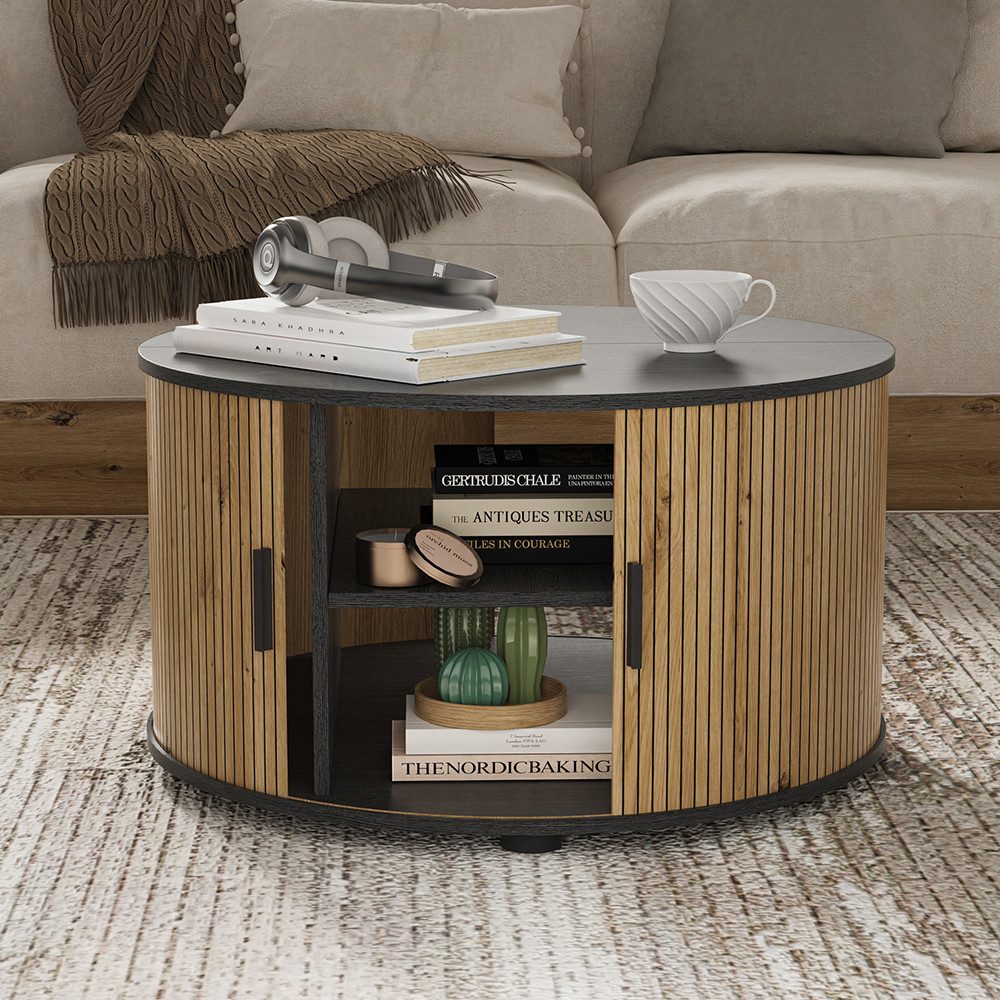 Vicco Couchtisch Selva, Eiche/Schwarz, 80 x 80 cm mit Schiebetür (1-St)