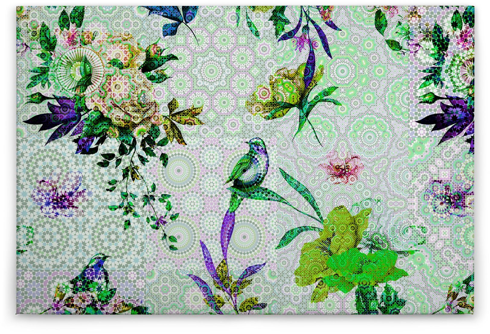 A.S. Création Vögel Mosaik Blumen Bild St), lila, Leinwandbild Floral (1 blau Keilrahmen garden, Vögel mosaic grün