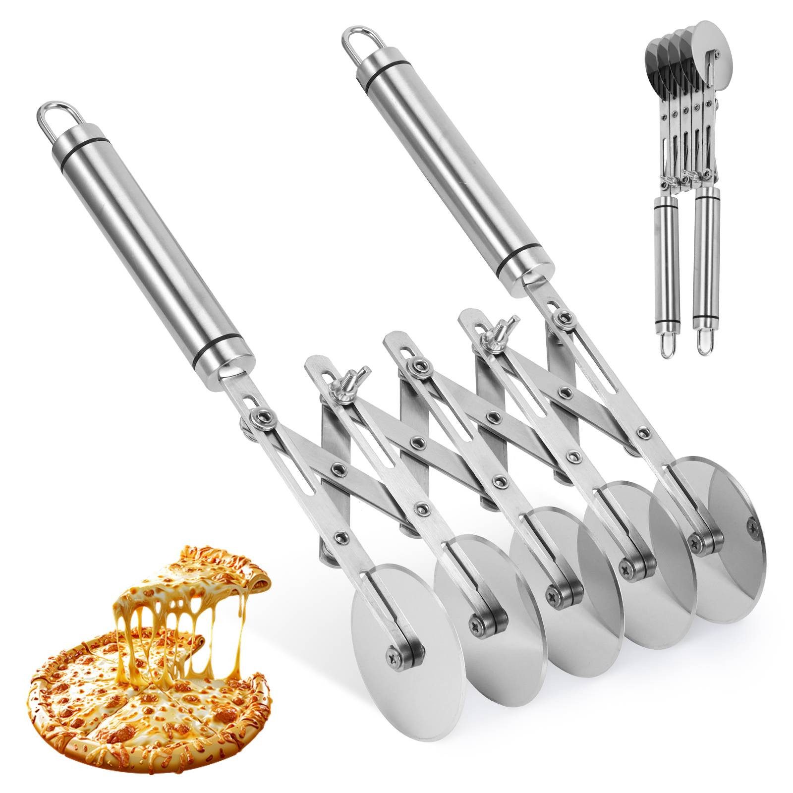 BlingBin Teigrädchen 5 Räder Tortenschneider, Edelstahl Mehrrundes Teigschneider mit Griff, Verstellbarer Pizzaschneider für Pizza, Brot und Küchenbacken