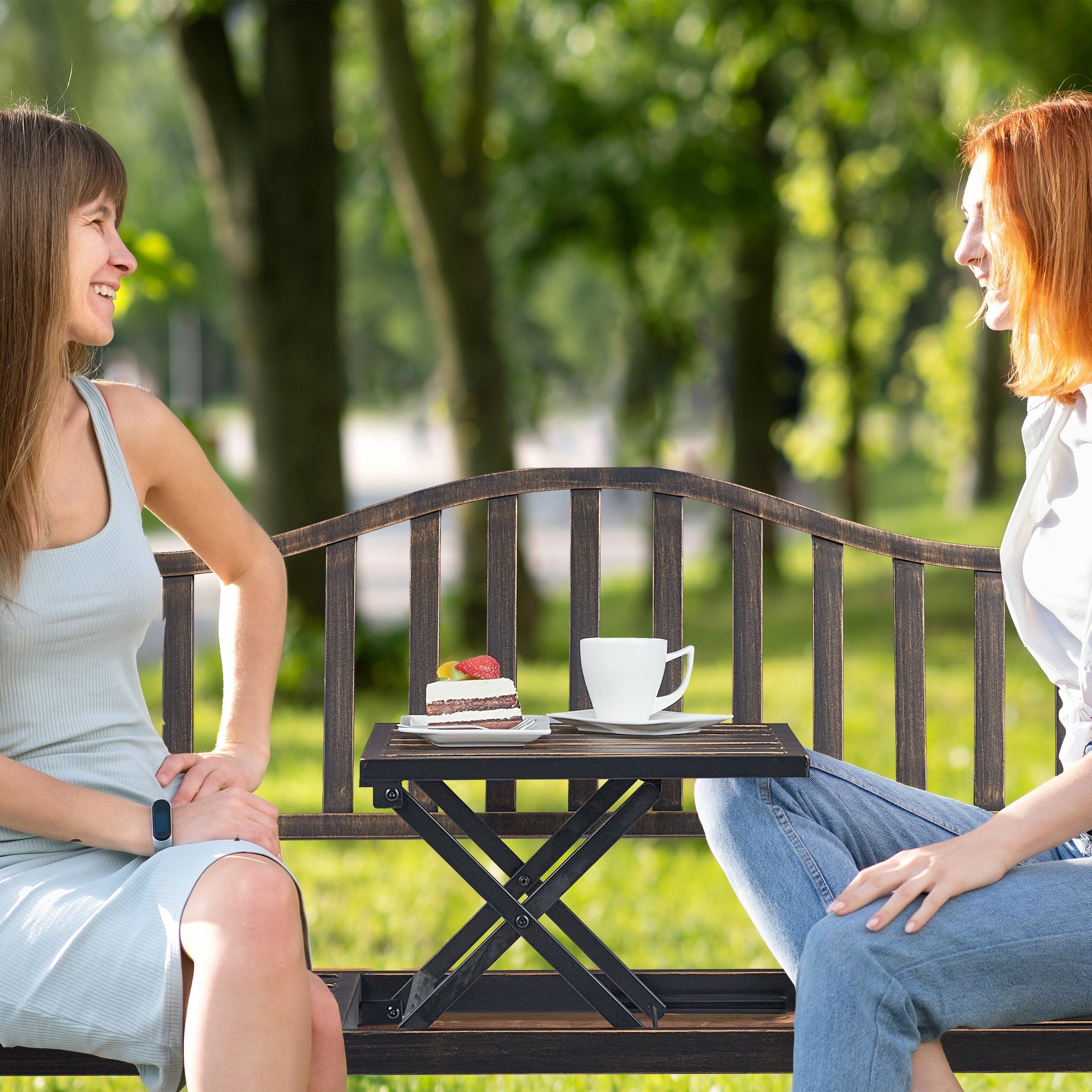 relaxdays Gartenbank mit Klapptisch, Schwarz-Bronze
