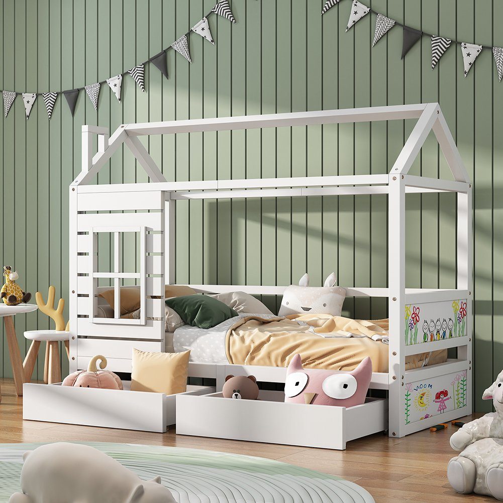 Hausbett, Kinderbett 200x90 cm mit Rausfallschutz und Lattenrost, Massivholzbett Jugendbett für Mädchen & Jungen