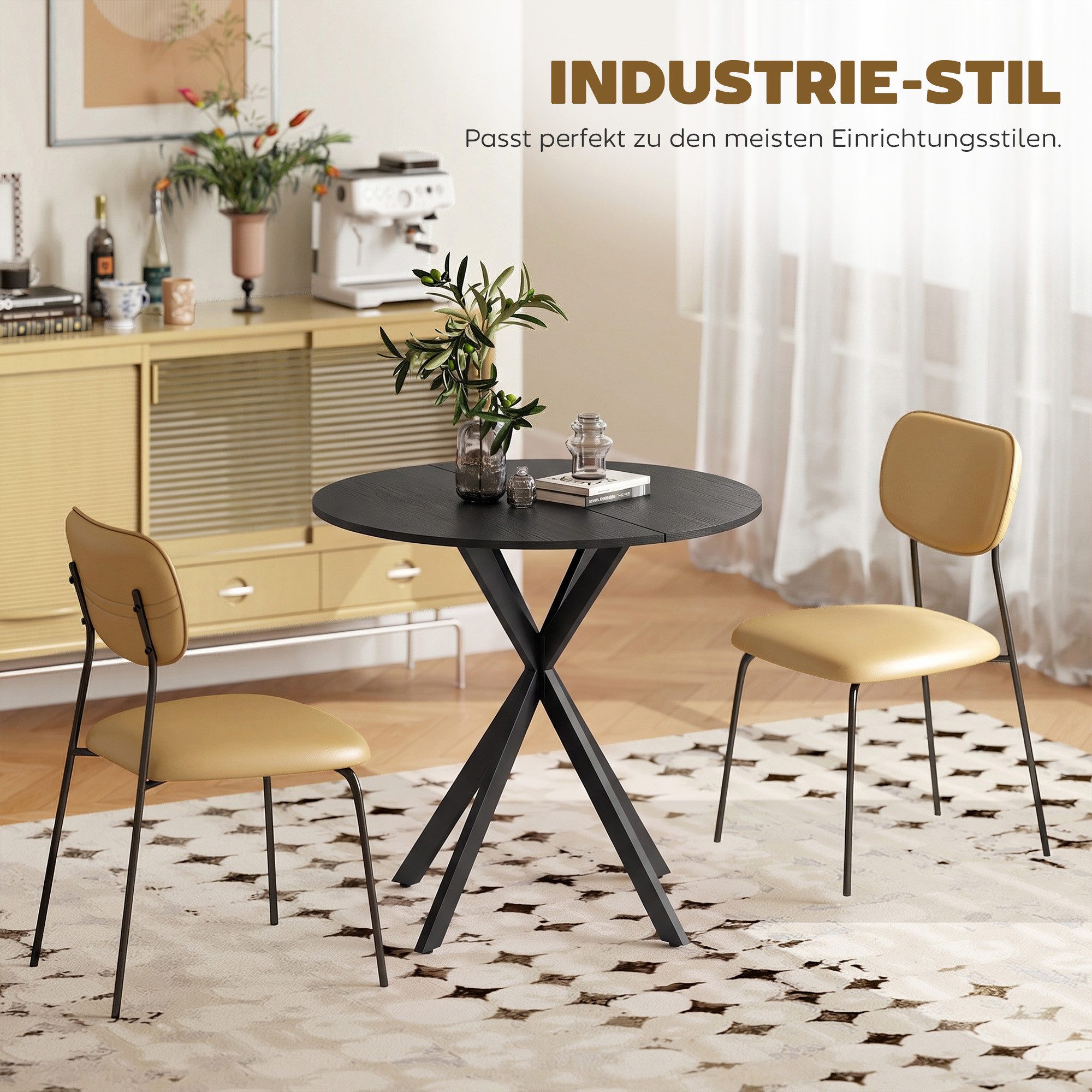 HOMCOM Esstisch Küchentisch im Industriestil mit Stahlbeinen für 2 Personen (für Esszimmer, Küche, Wohnzimmer, 1-St., rund, 80 x 80 x 75 cm), Schwarz – Bild 5 von 5