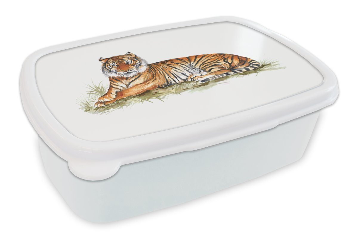 MuchoWow Lunchbox Tiger - Gemälde Brotdose, Erwachsene, - Brotbox (2-tlg), und Jungs für Kunststoff, Orange, Kinder für und Mädchen weiß
