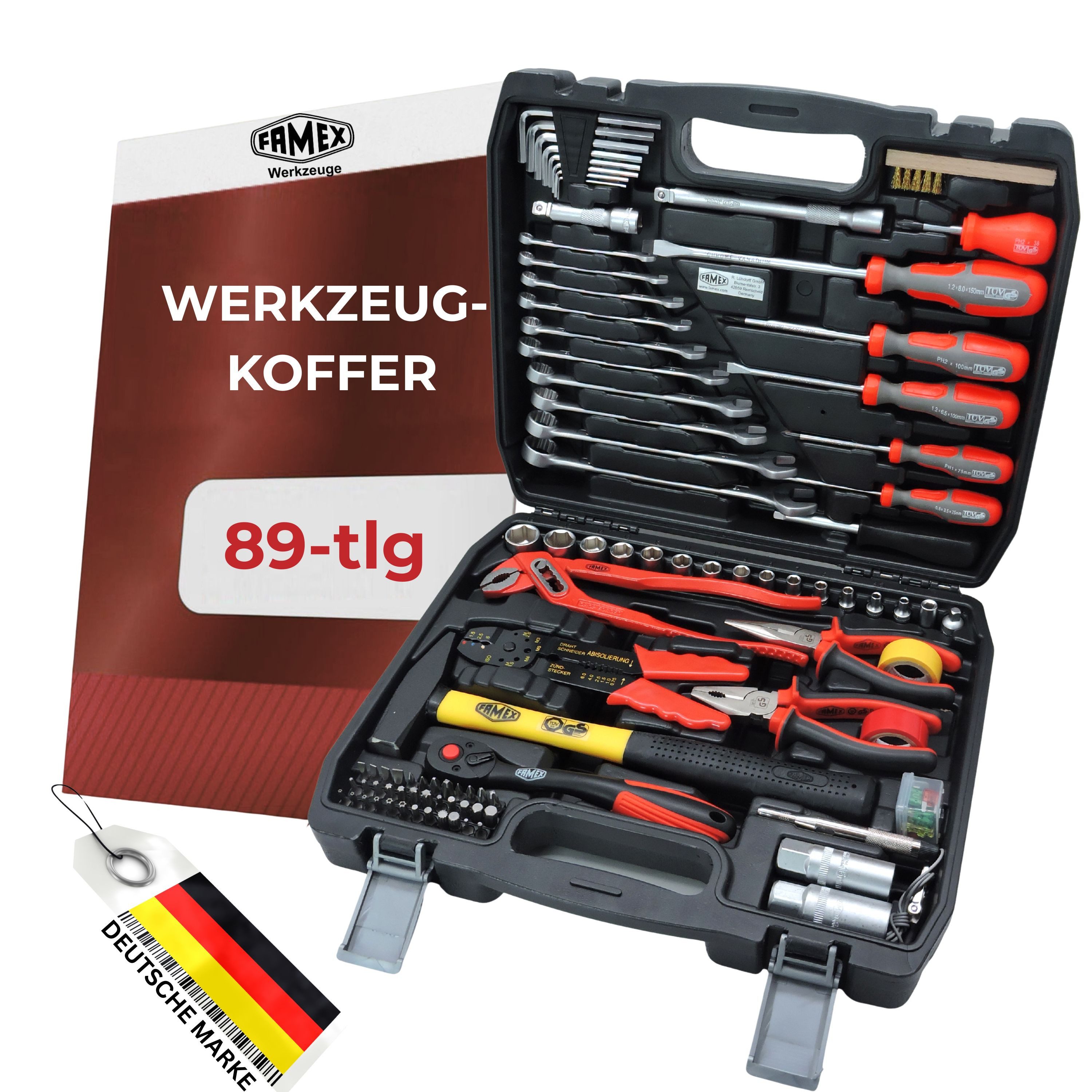 FAMEX Werkzeugset 144-50 Werkzeugkoffer bestückt, (Werkzeugkasten, 89-tlg., Werkzeugkiste), Werkzeug Satz, CV Stahl, Auto