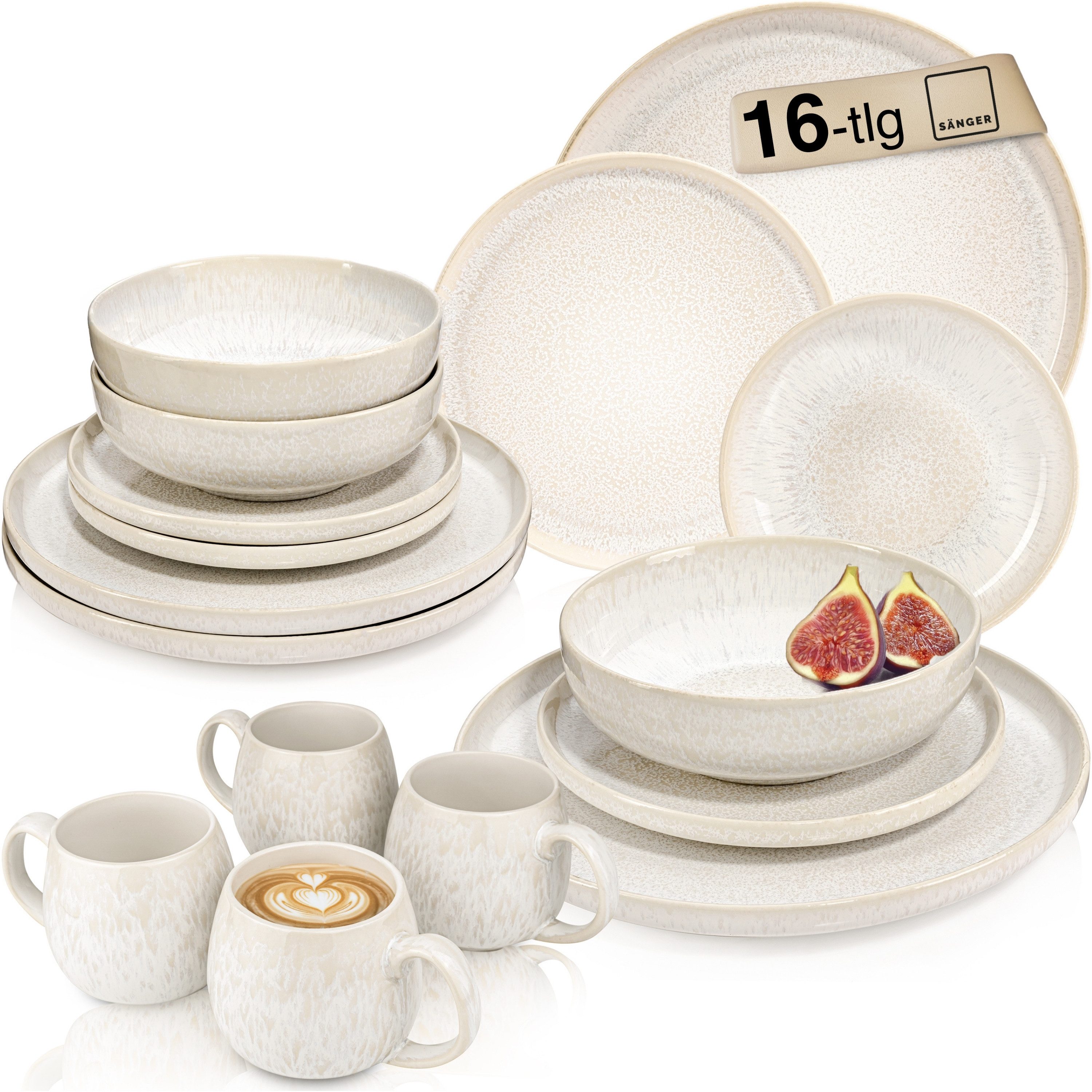 SÄNGER Tafelservice Korfu Geschirrset (16-tlg), 4 Personen, Steingut, Kombiservice, Creme Beige, Handmade, Premium Collection