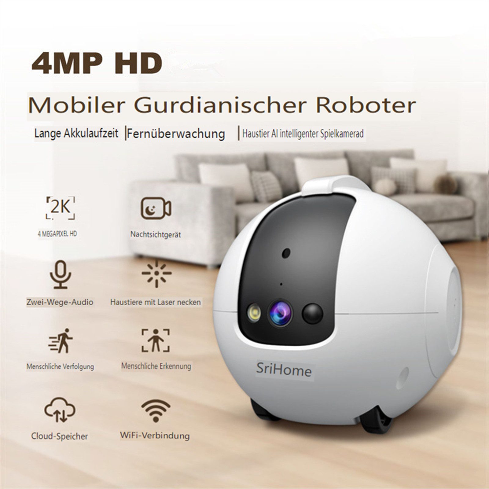 Insma Überwachungskamera 4MP HD WLAN Haustierkamera 10000mAh mit Nachtsicht (Innenraum-Mikrokamera mit Echtzeit-Übertragung, 360° Schwenken & 45° Neigen)