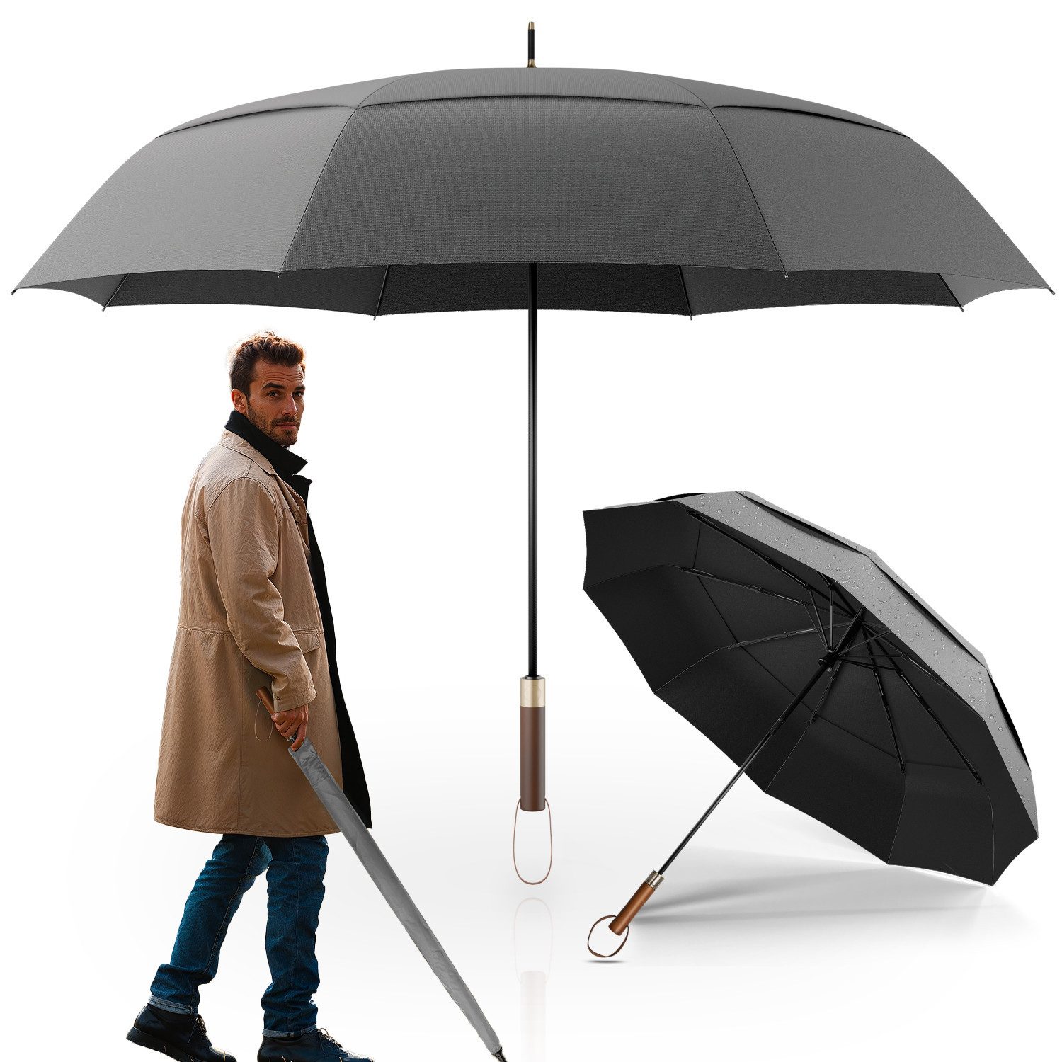 Logan & Barnes Stockregenschirm Chicago, Stockschirm sturmfest [Ø120 cm] mit hochwertigem Echtholzgriff