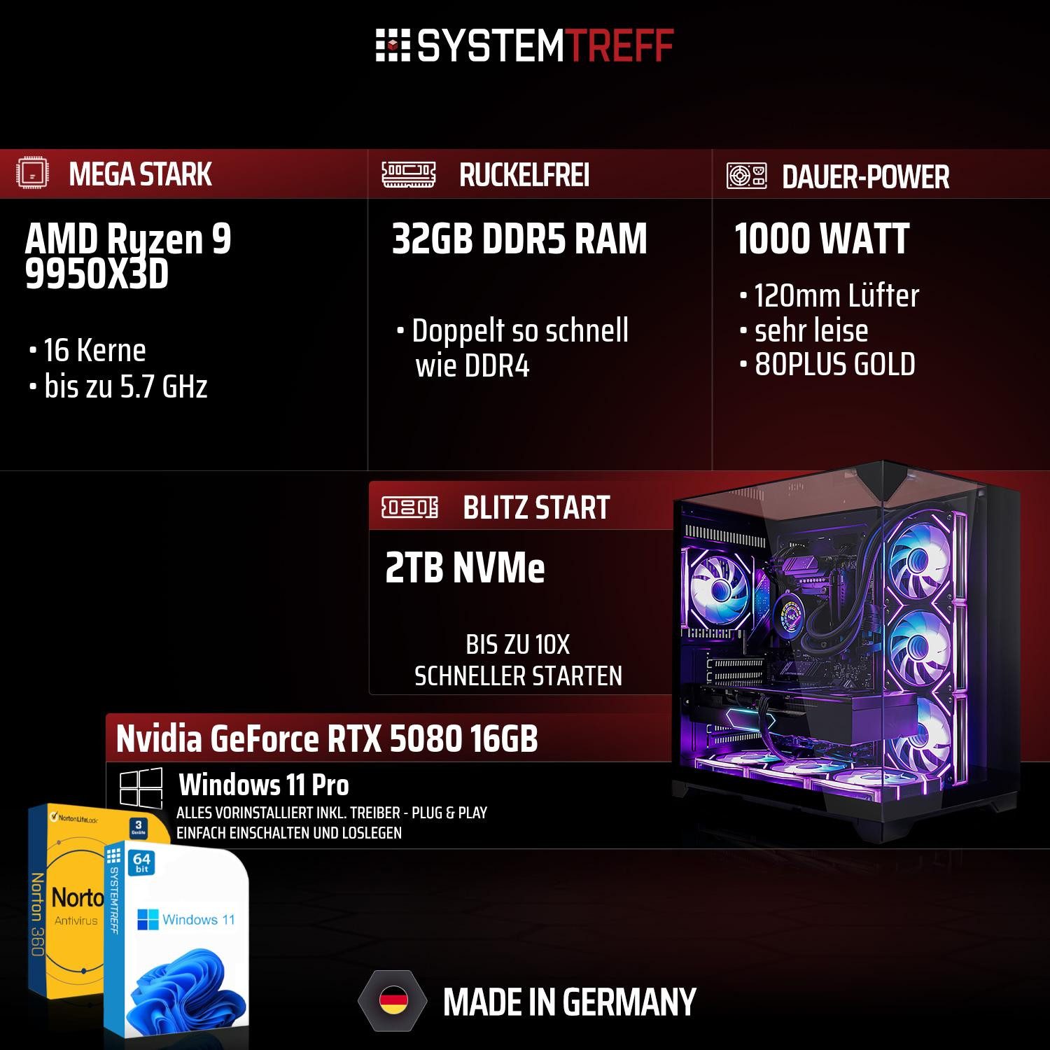 SYSTEMTREFF AMD Ryzen 9 9950X3D mit Nvidia GeForce RTX 5080 16GB Gaming-PC (AMD 9950X3D 9950X3D, Nvidia GeForce RTX 5080, 32 GB RAM, 2000 GB SSD, Wasserkühlung)