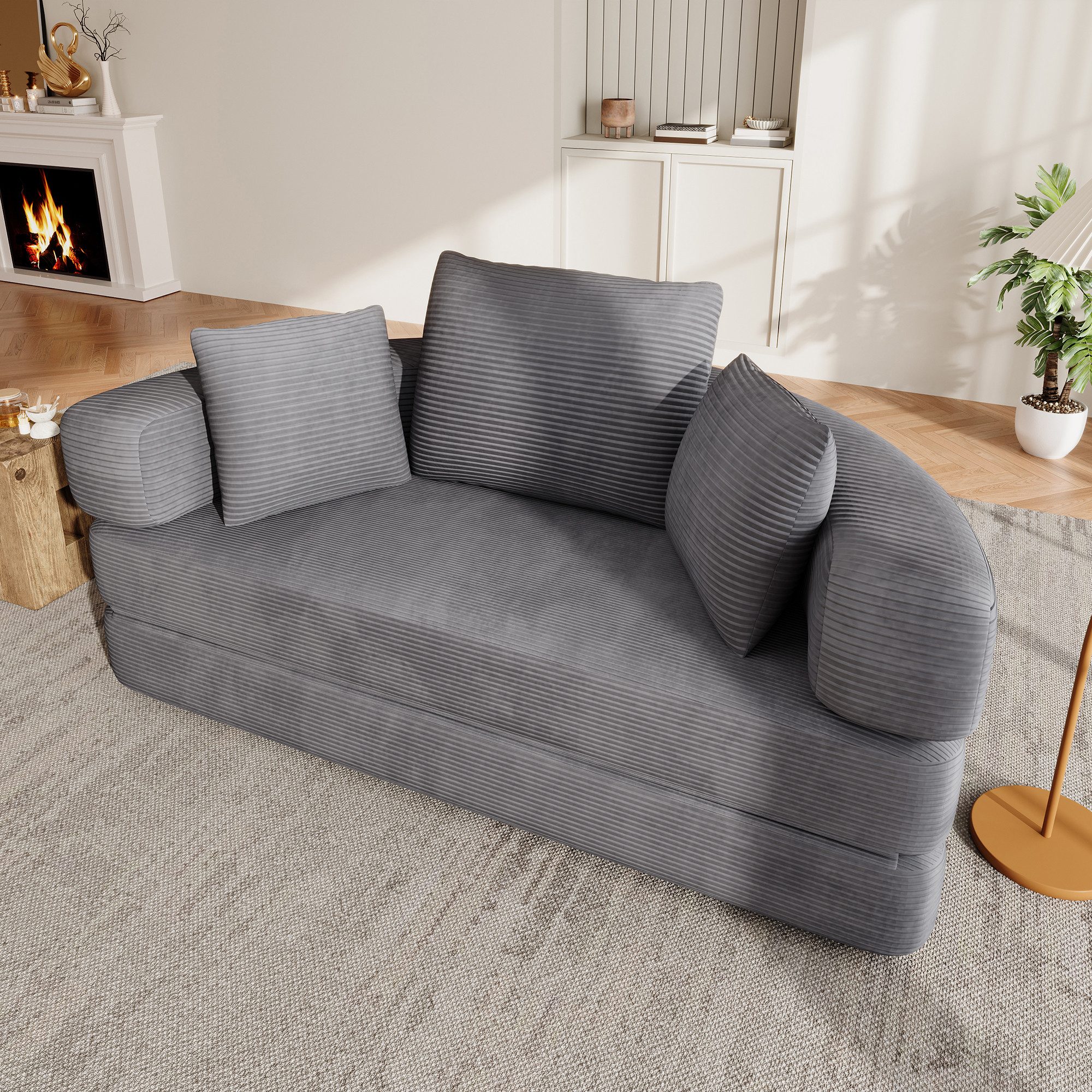 Merax Schlafsofa mit Schlaffunktion, Multifunktionales Sofa mit Hocker, Boneless Couch, Klappsofabett für Wohn/Arbeits/Schlafzimmer 1 Teile, 2-in-1 Sofa-Bett mit Cordstoffbezug inkl. 3 Kissen, 173x176cm