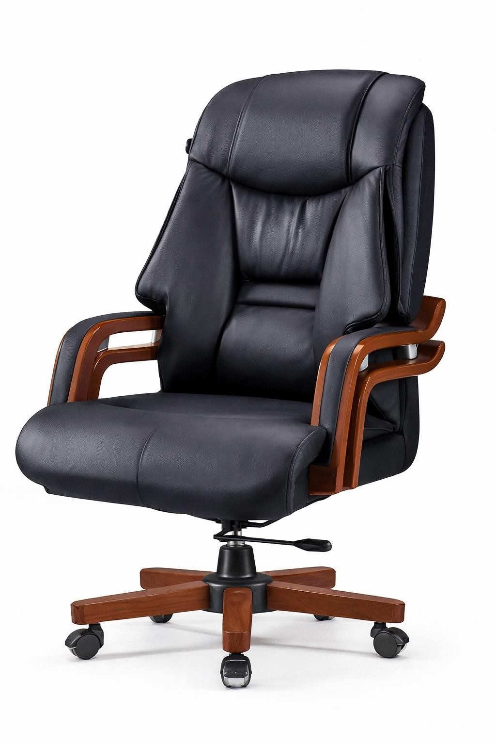 Xlmoebel Chefsessel Stilvoller Chefsessel aus schwarzem Leder mit Holzarmlehnen, Made in Europa