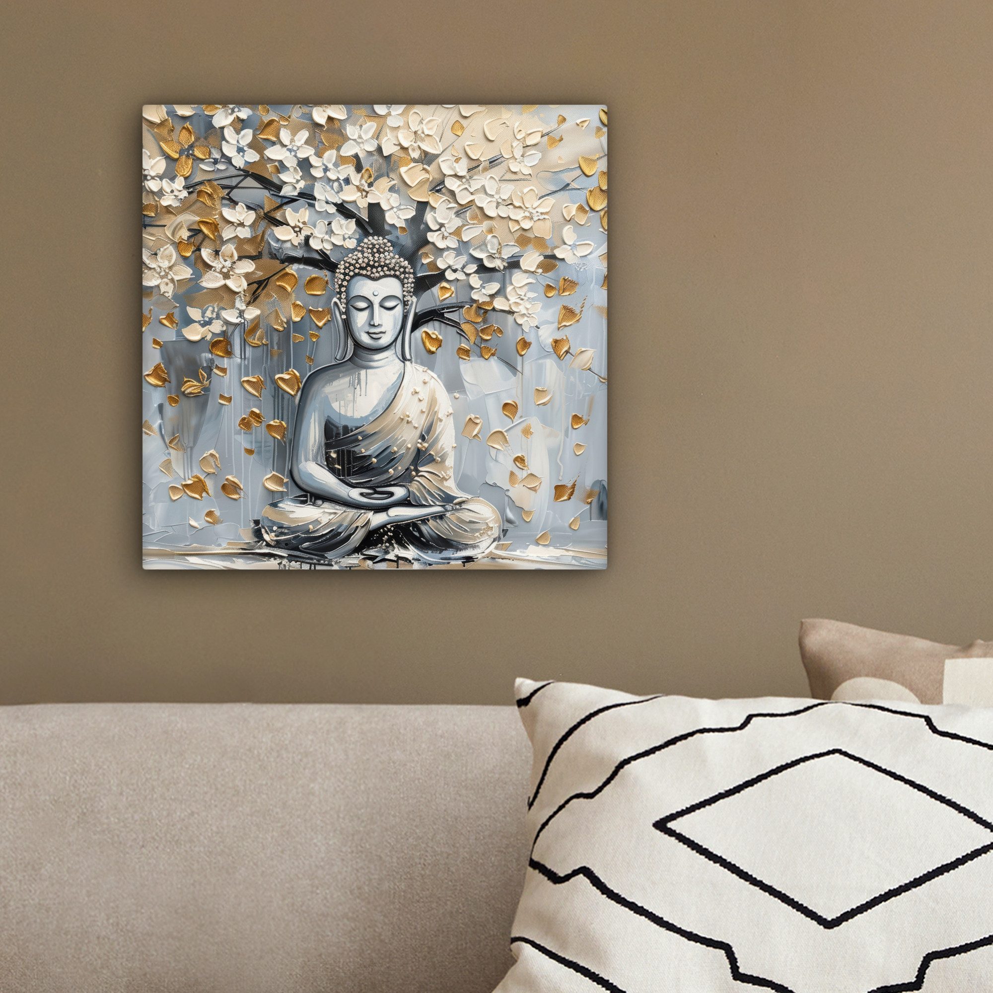 OneMillionCanvasses® Leinwandbild Buddha - Blumen - Baum - Gold - Modern, Fotodruck (1 St), Wandbild, Deko Schlafzimmer Wohnzimmer Flur 20x20 cm – Bild 4 von 5