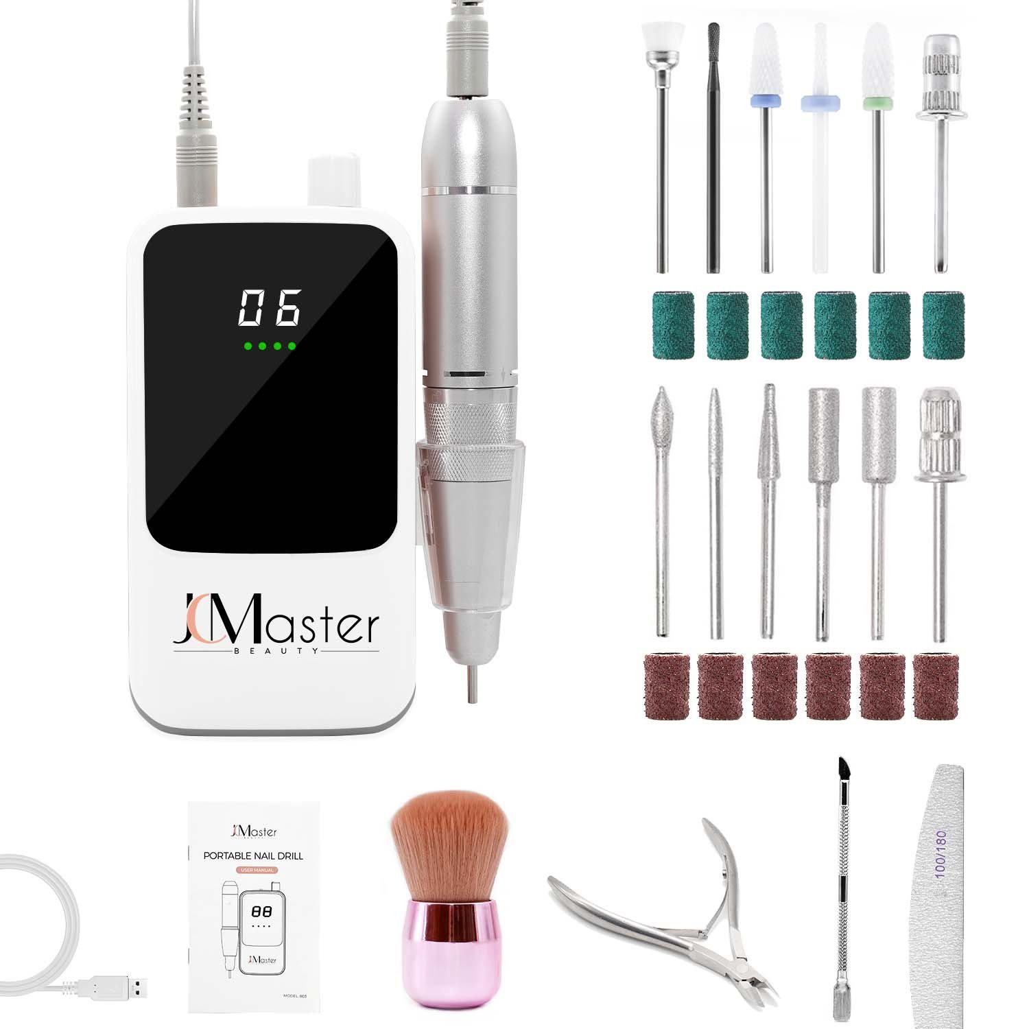 JCMaster Maniküre-Pediküre-Set, Nagelfräser 35000RPM, 5200mAh, 12 Nagelfeile-Bits und Schleifbänder