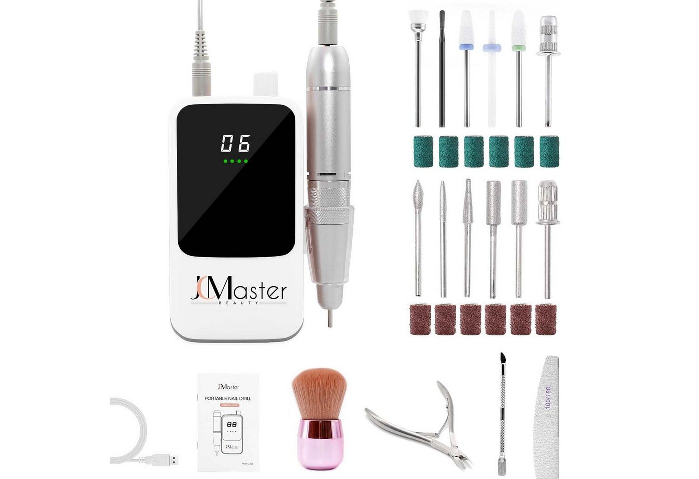 JCMaster Maniküre-Pediküre-Set, Nagelfräser 35000RPM, 5200mAh, 12 Nagelfeile-Bits und Schleifbänder