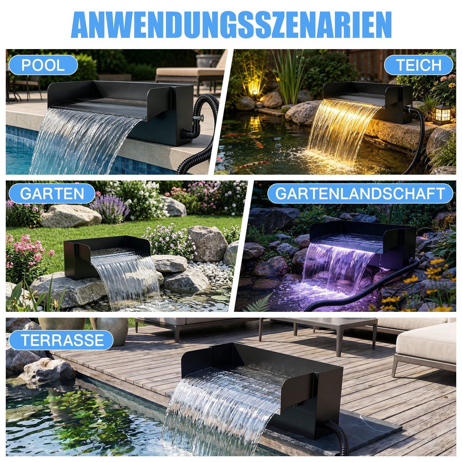 XERSEK Wasserfall Teichwasserfall mit UVC-Lampe RGB-Licht 45W-Pumpe Filter Wasserspiel, 31 cm Breite, (Set, 3000L/H Teichpumpe mit Edelstahl-Auslauf), für Terra – Bild 4 von 5