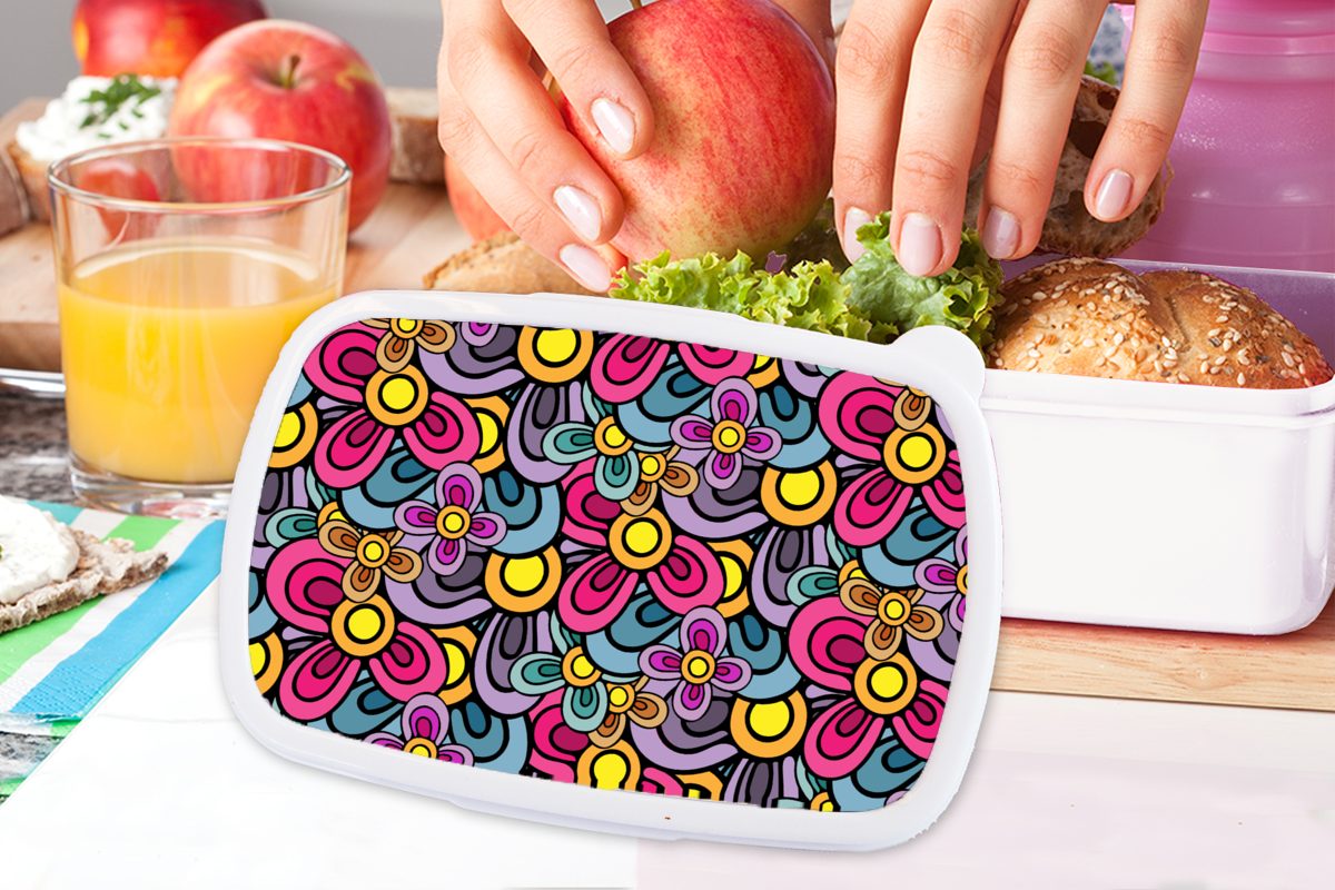 MuchoWow Lunchbox Diagramm Hippie und Kunststoff, Lila, für weiß - (2-tlg), Kinder und Mädchen Jungs - Erwachsene, Brotbox - Blumen Brotdose, für