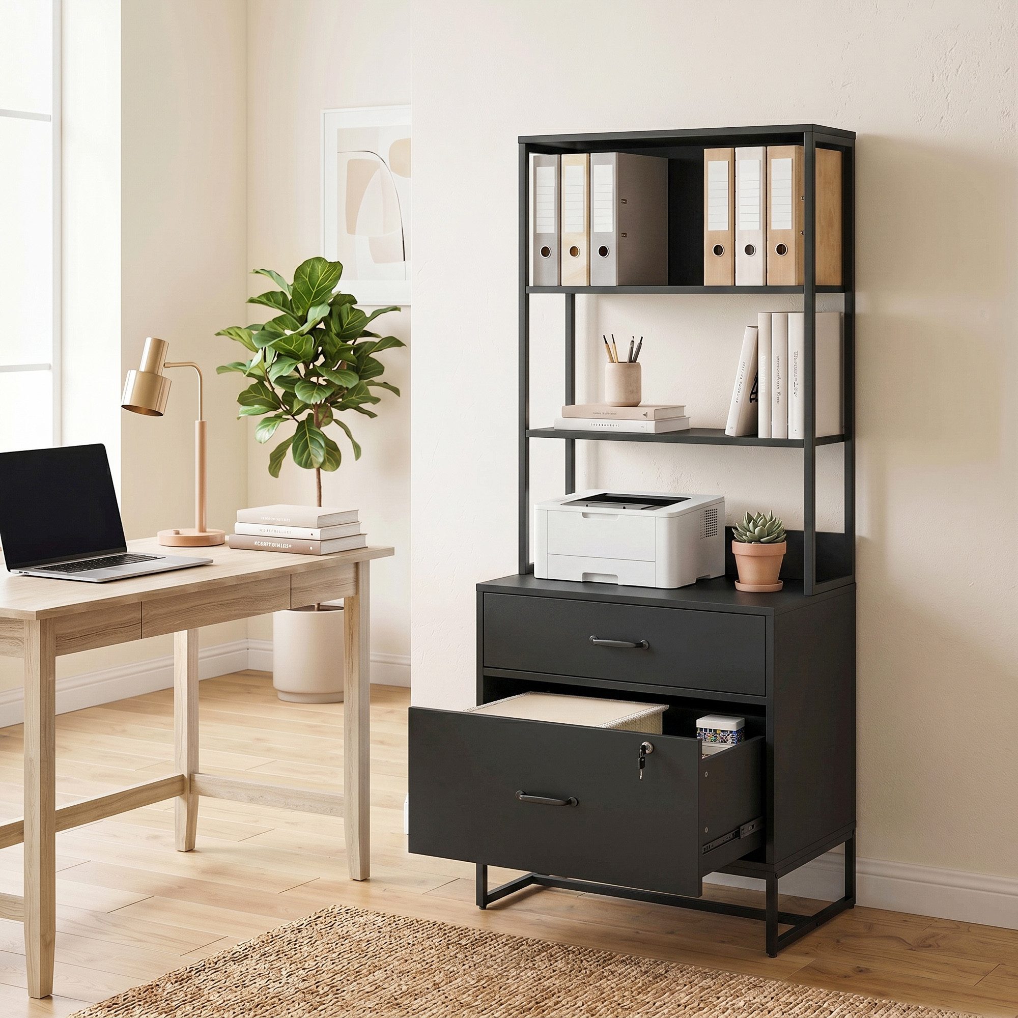 HOMCOM Aktenschrank Abschließbar Büroschrank mit 2 Schubladen, 3 Offenen Ablagefächern (Aufbewahrungsschrank, 1-St., Mehrzweckschrank) für Arbeitszimmer, Büro, Garage, 70 x 40 x 157 cm, Schwarz