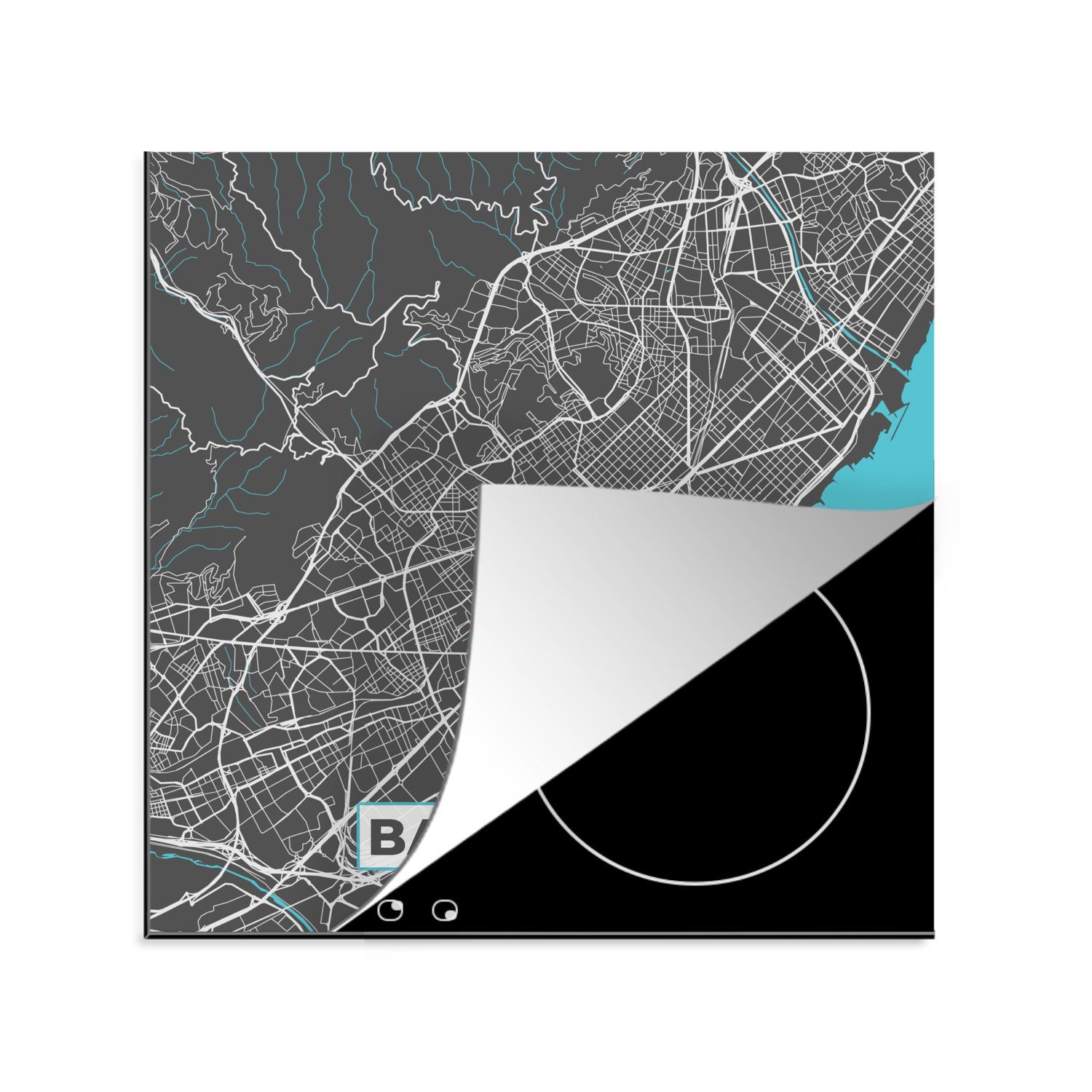 MuchoWow Herdblende-/Abdeckplatte Barcelona - Blau - Karte - Stadtplan, Vinyl, (1 tlg), 78x78 cm, Ceranfeldabdeckung, Arbeitsplatte für küche