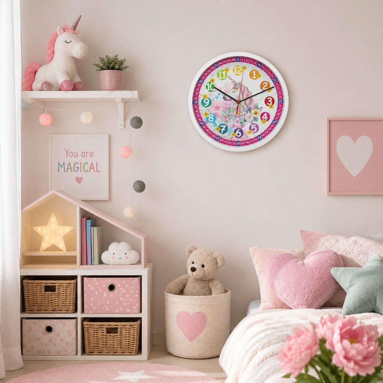 K&L Wall Art Wanduhr Einhorn Lernuhr Prinzessin Wanduhr mit Lernzifferblatt (lautlose Kinderuhr, Quarz Uhrwerk ohne Ticken)