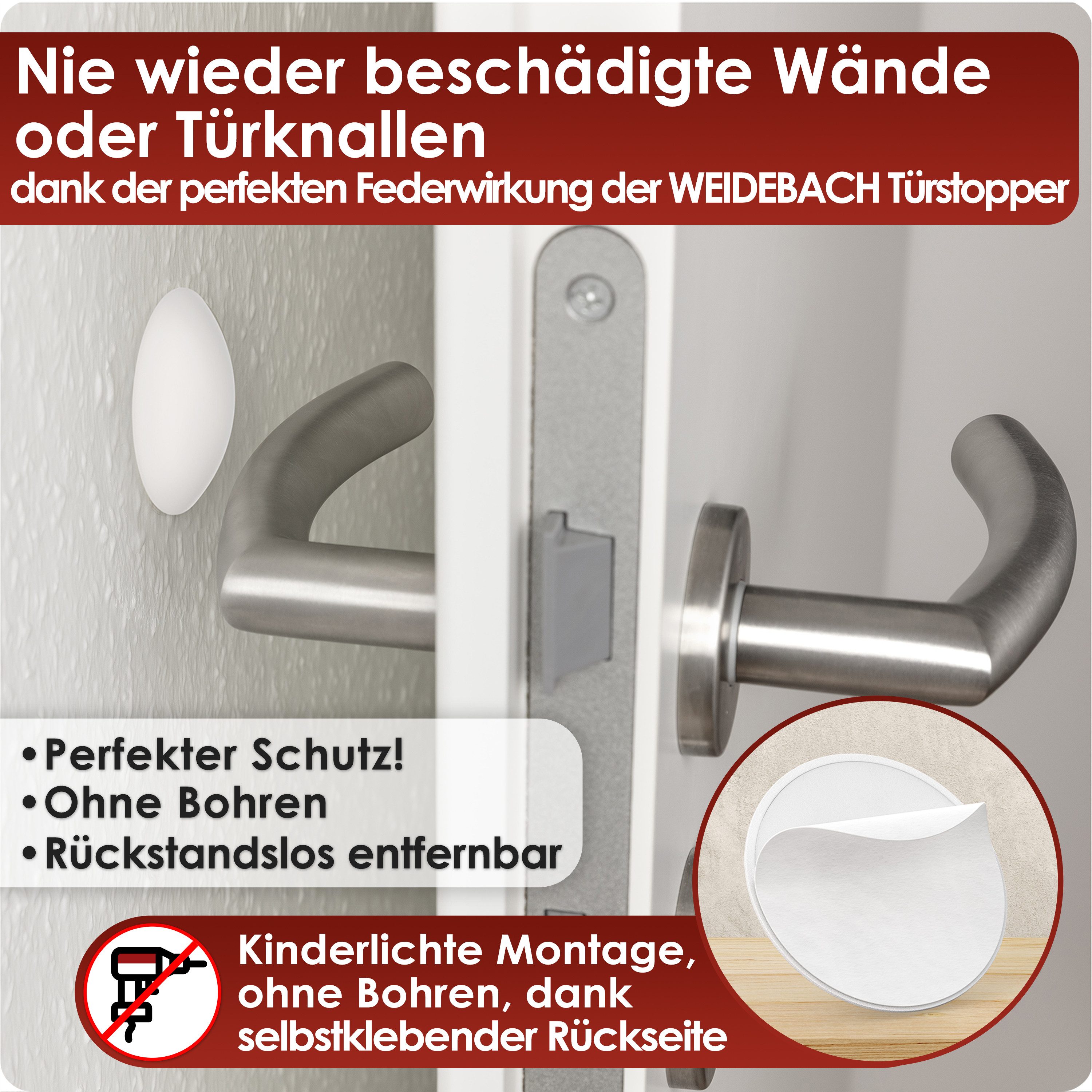 WEIDEBACH Wandtürstopper 12x dezente Türstopper Wand, weiße Türpuffer, 40x8 mm selbstklebend (12 St)