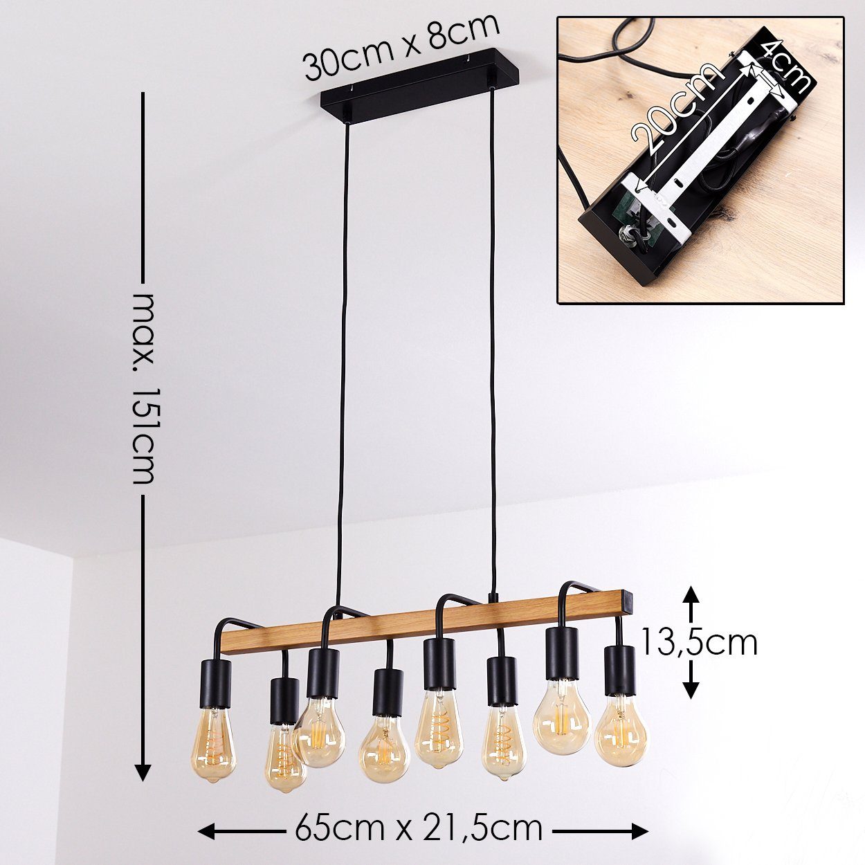 Retro/Vintage-Design, mit im Holzbalken Metall/Holz 8xE27, Leuchtmittel, Höhe ohne »Ozegna« max. in aus Pendelleuchte Schwarz/Natur, Hängelampe hofstein 122cm