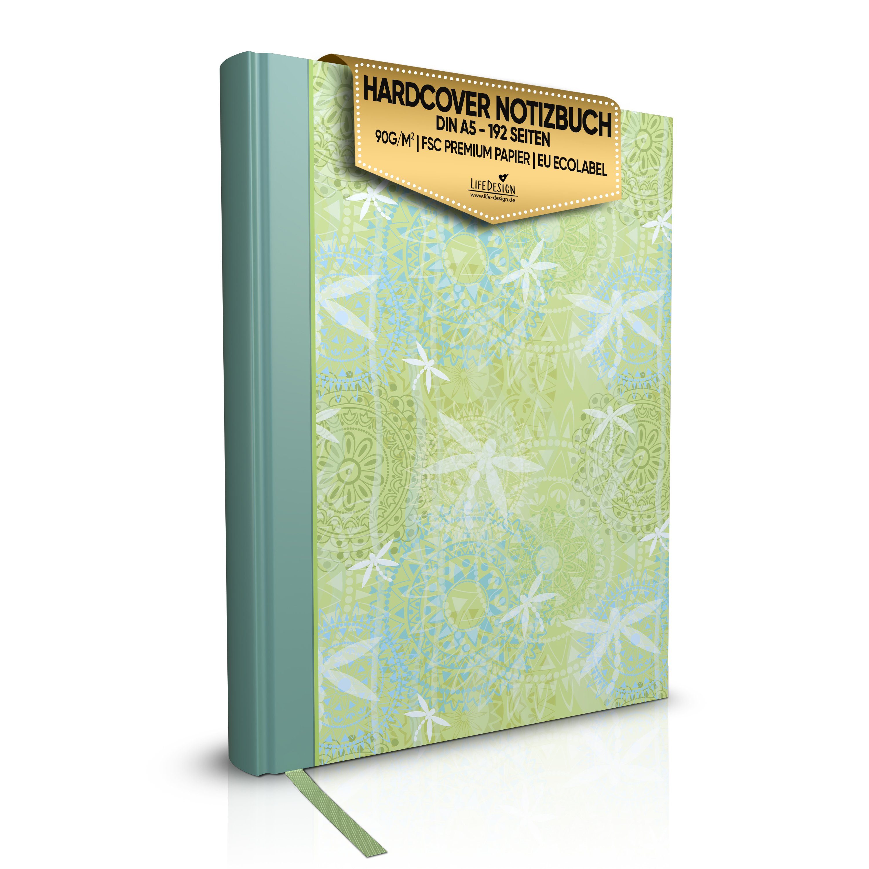 LifeDesign Notizbuch "Libelle" DIN A5 Skizzenbuch, Hardcover, Fadenbindung, edles Papier, FSC- & EU-Ecolabel zertifizert | Notizbücher