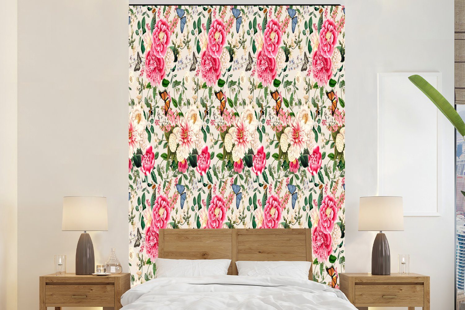 MuchoWow Fototapete Blumen - Farben - Schmetterling, Matt, bedruckt, (3 St), Montagefertig Vinyl Tapete für Wohnzimmer, Wandtapete