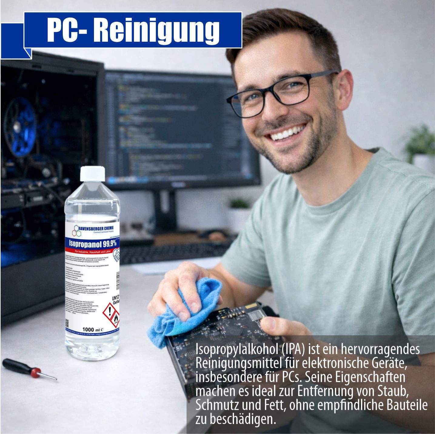 Ravensberger Chemie Isopropanol 99,9% - 1 Liter Reinigungsalkohol (1 Liter Flasche von Ravensberger Chemie - Premium IPA 99,9 % – Für Haushalt, Elektronik & Werkstatt)